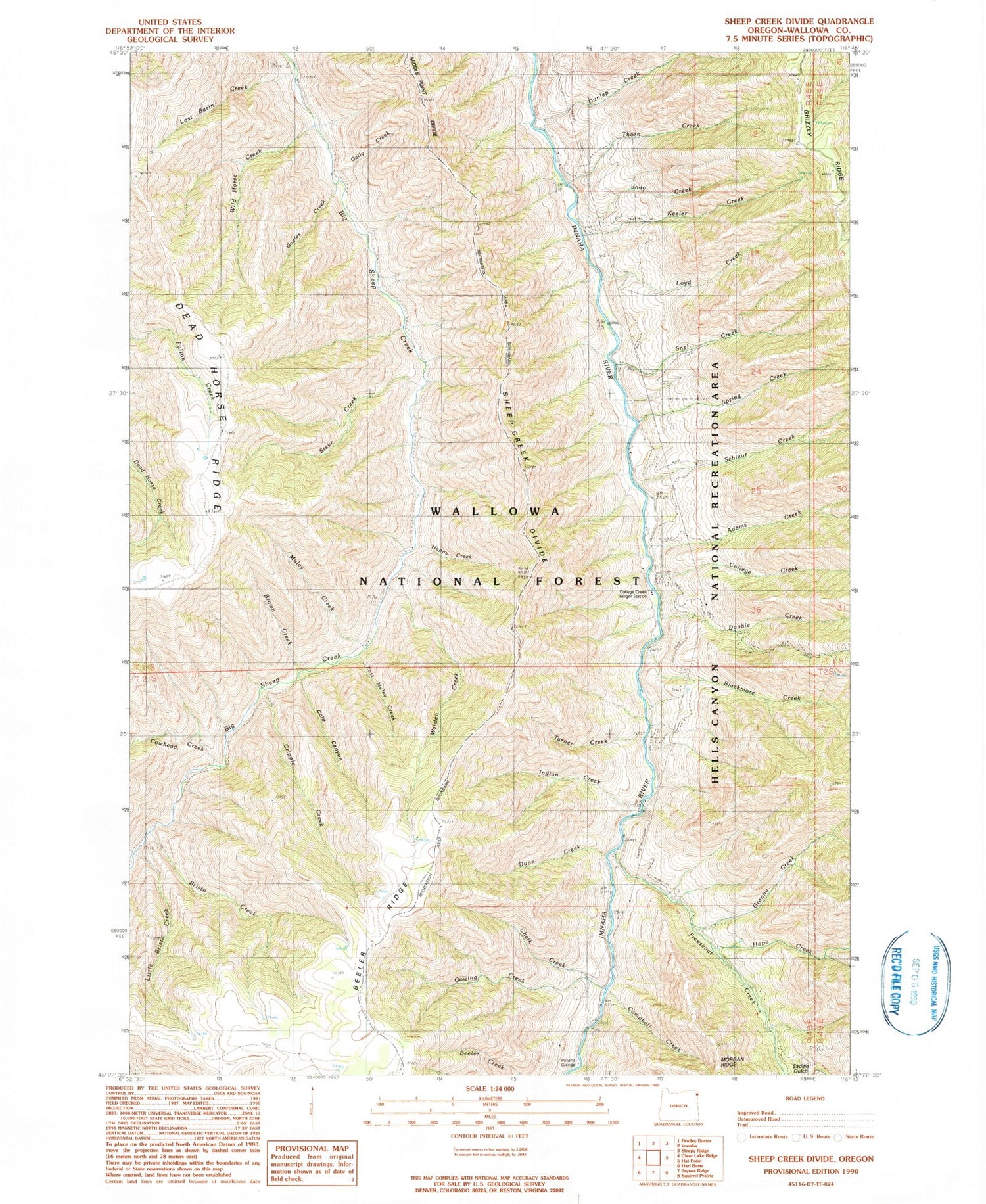Classic USGS Sheep Creek Divide Oregon 7.5'x7.5' Topo Map Image