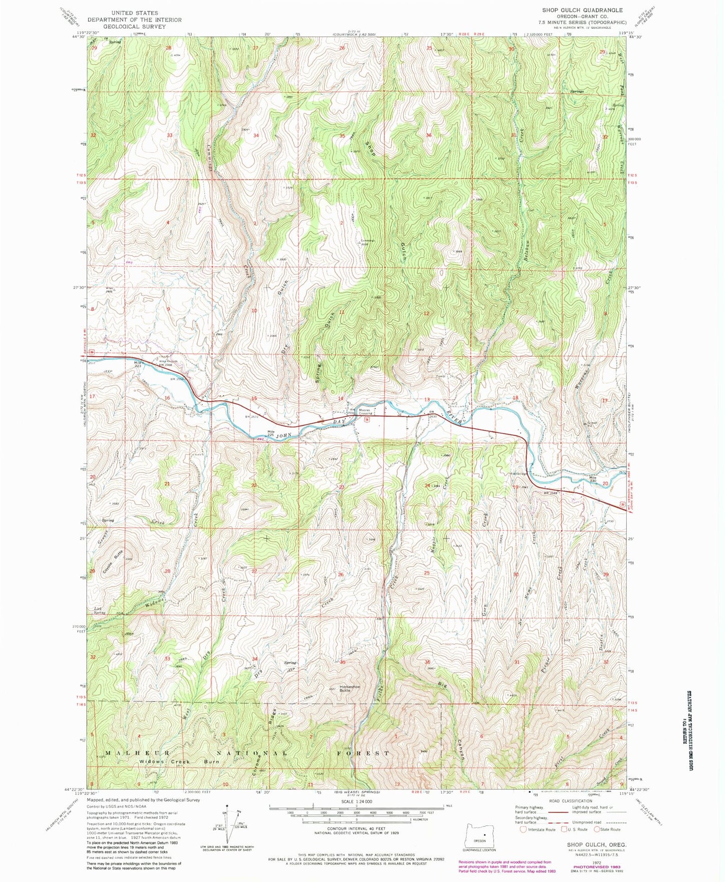 Classic USGS Shop Gulch Oregon 7.5'x7.5' Topo Map Image