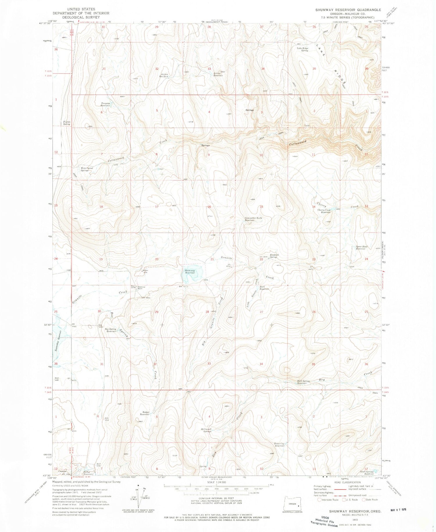 Classic USGS Shumway Reservoir Oregon 7.5'x7.5' Topo Map Image