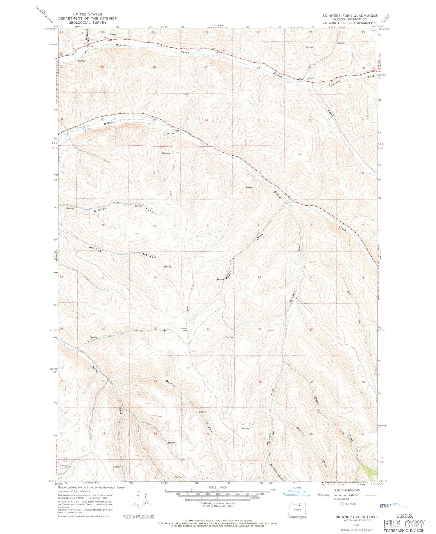 Classic USGS Skinners Fork Oregon 7.5'x7.5' Topo Map Image