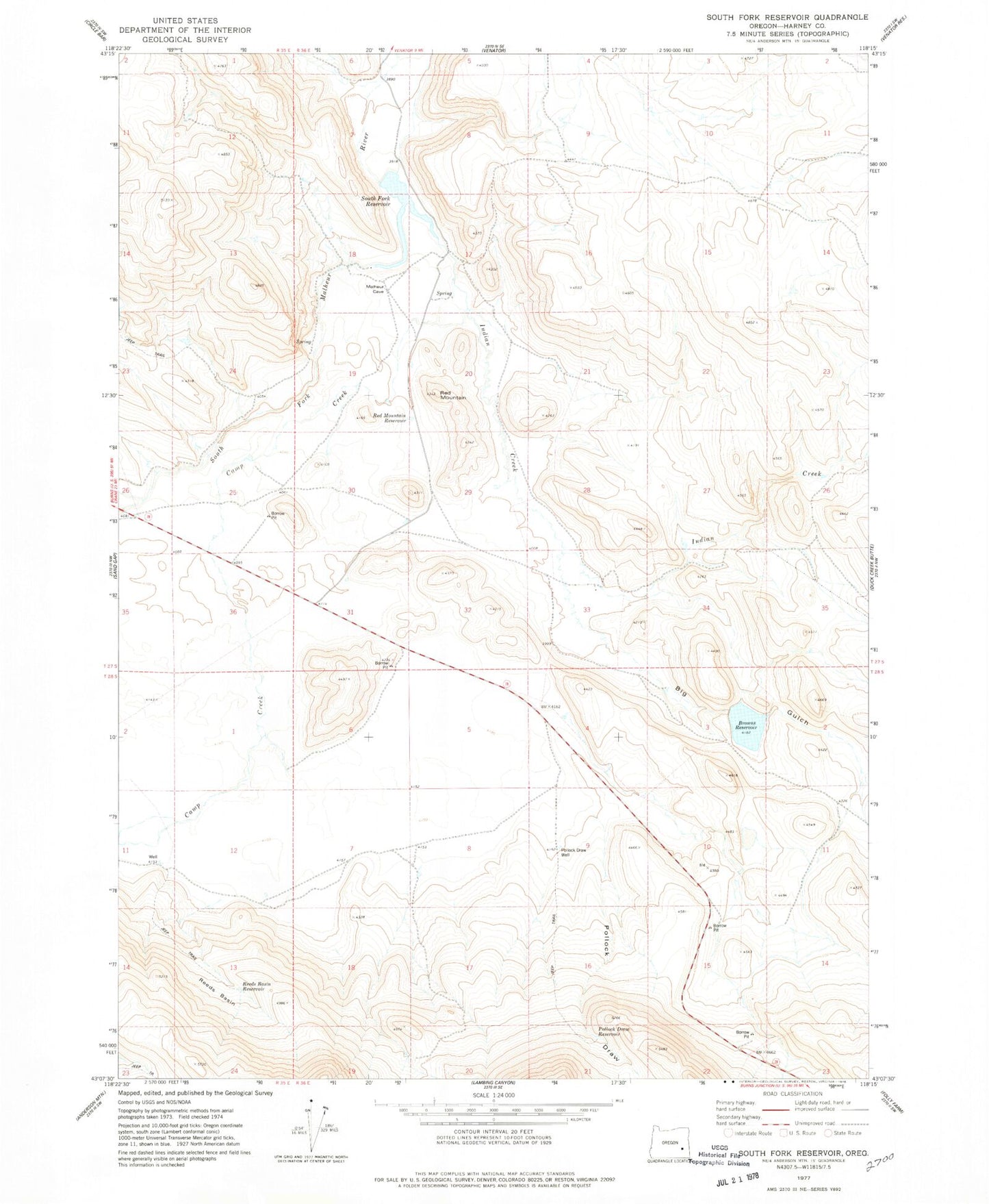 Classic USGS South Fork Reservoir Oregon 7.5'x7.5' Topo Map Image