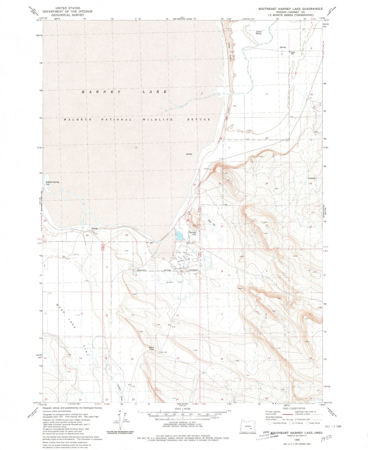 Classic USGS Southeast Harney Lake Oregon 7.5'x7.5' Topo Map Image