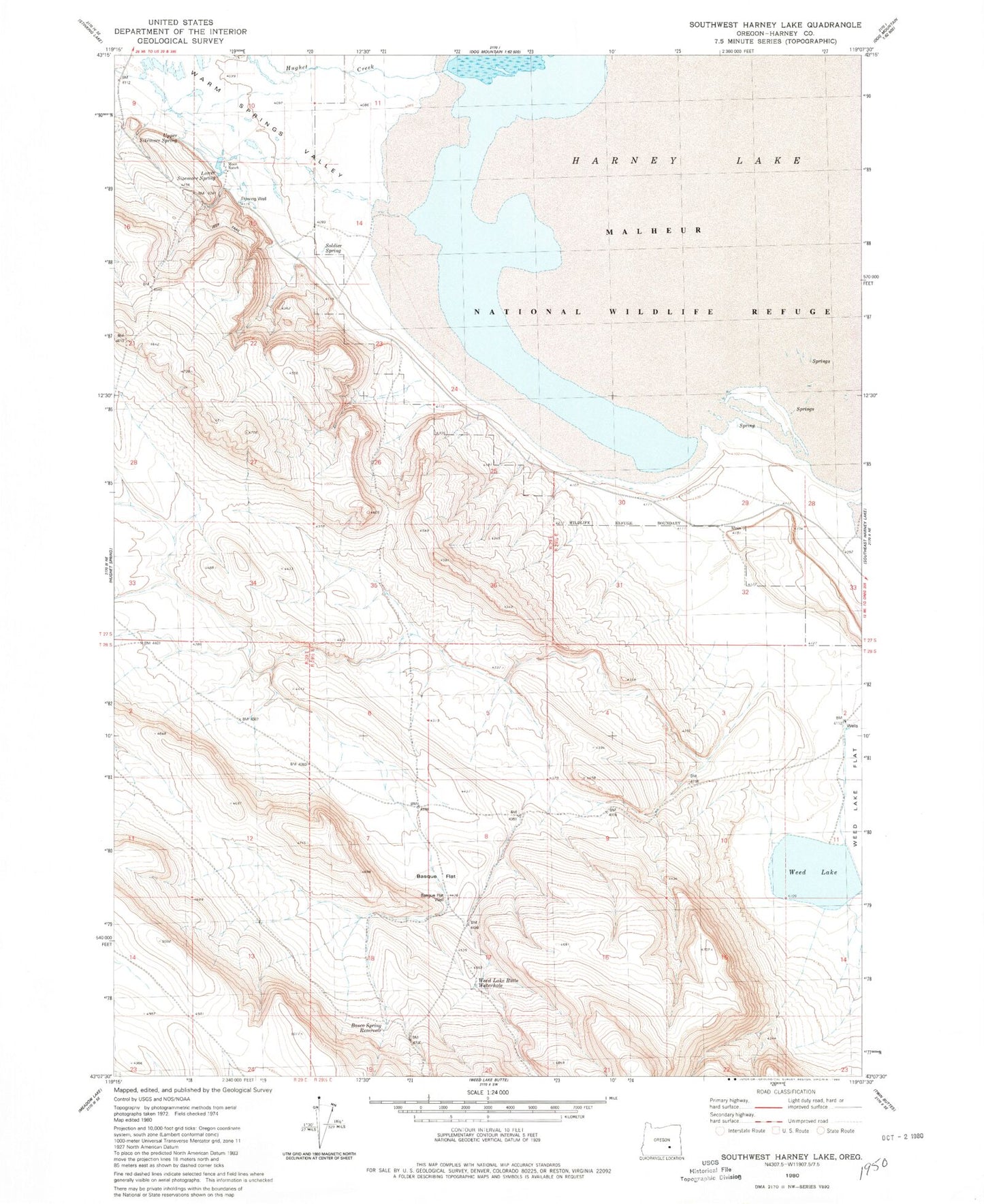 Classic USGS Southwest Harney Lake Oregon 7.5'x7.5' Topo Map Image