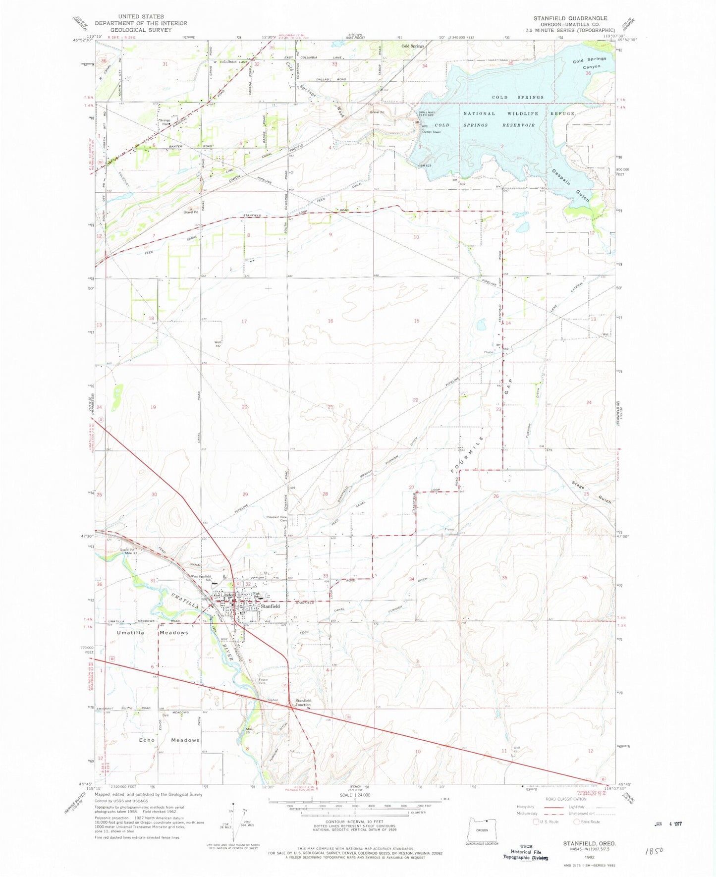 Classic USGS Stanfield Oregon 7.5'x7.5' Topo Map Image