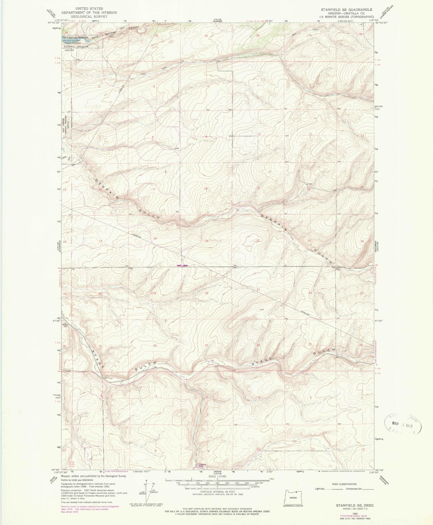 Classic USGS Stanfield SE Oregon 7.5'x7.5' Topo Map Image