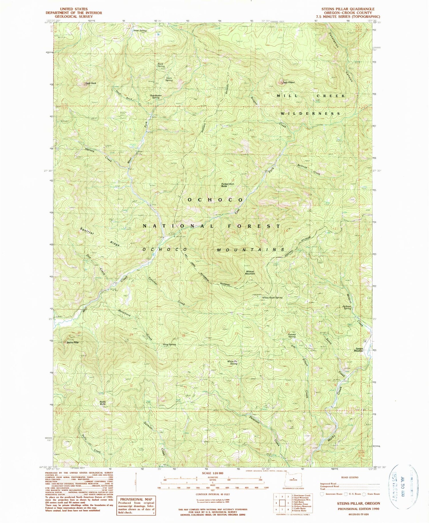 Classic USGS Steins Pillar Oregon 7.5'x7.5' Topo Map Image