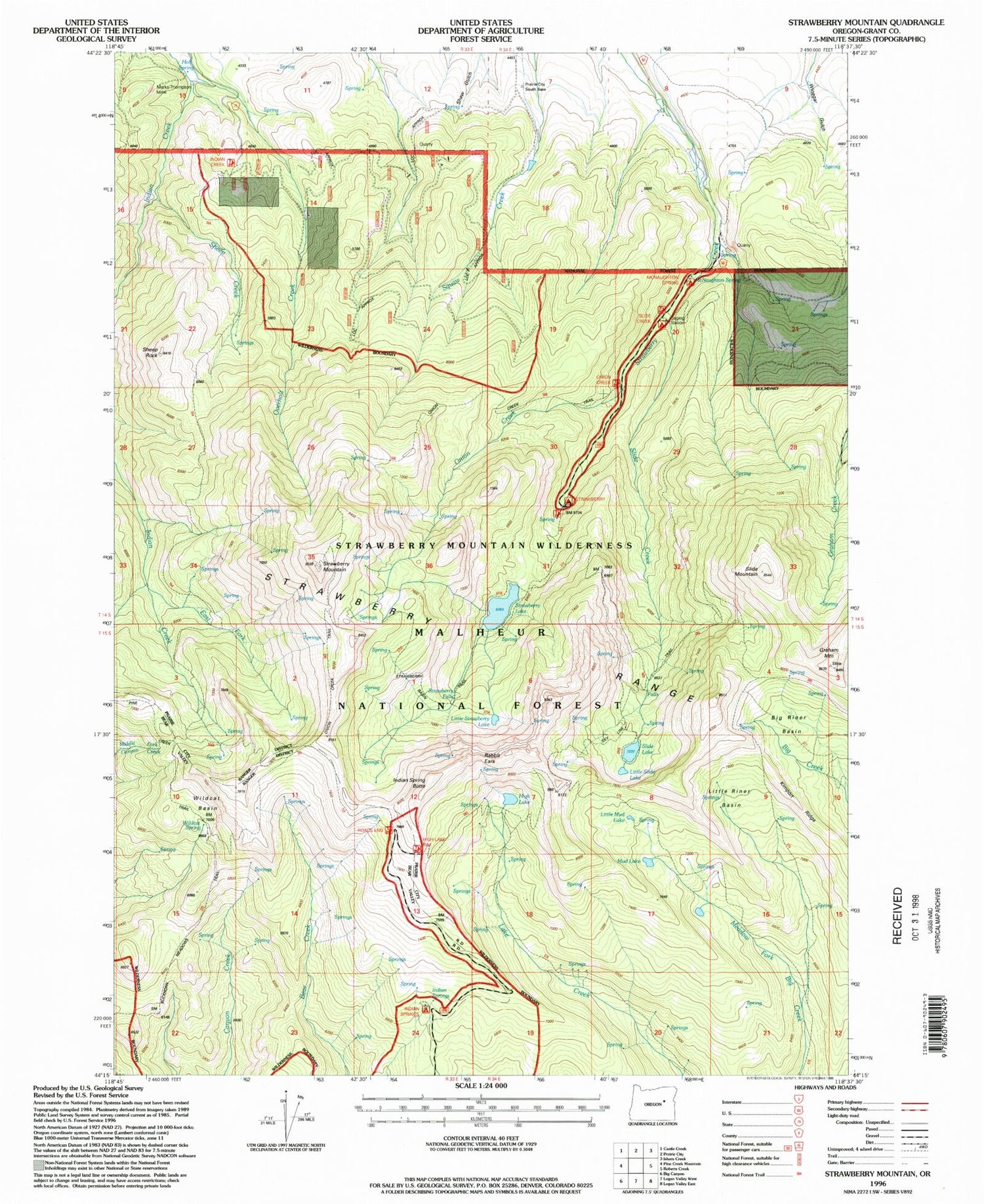 Classic USGS Strawberry Mountain Oregon 7.5'x7.5' Topo Map Image