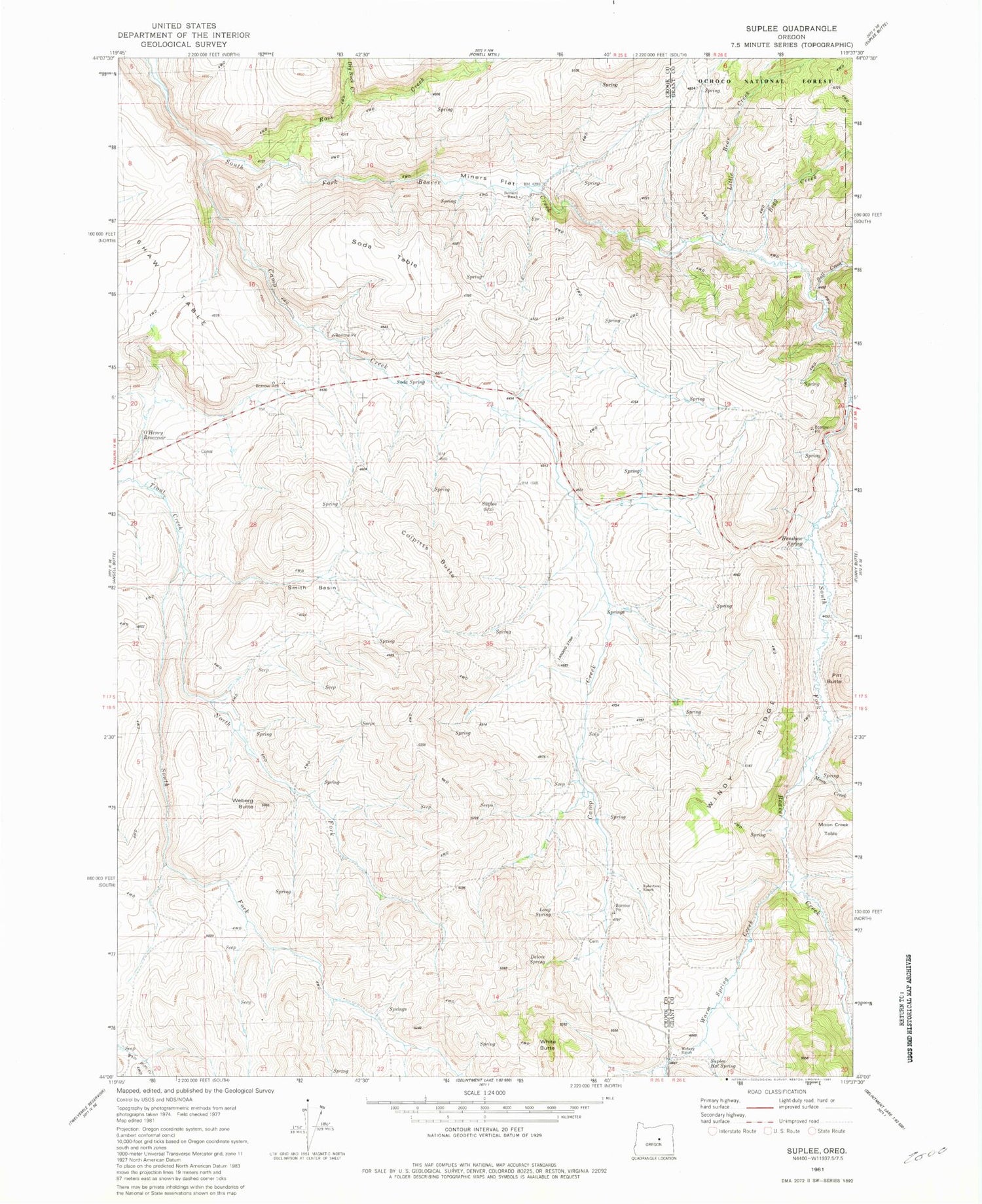 Classic USGS Suplee Oregon 7.5'x7.5' Topo Map Image