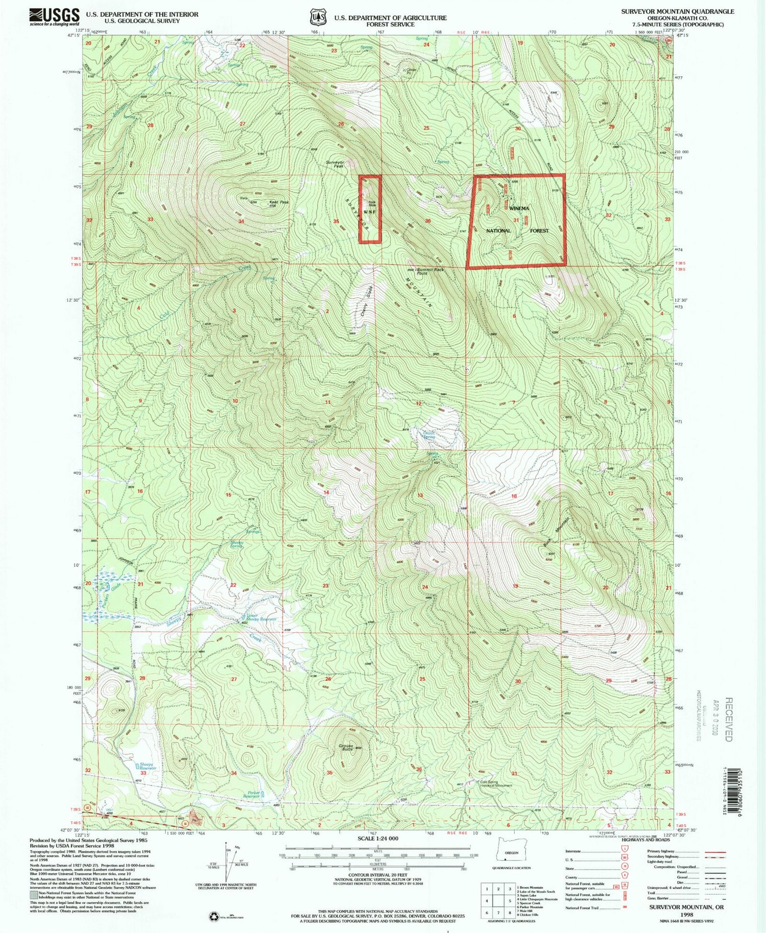 Classic USGS Surveyor Mountain Oregon 7.5'x7.5' Topo Map Image