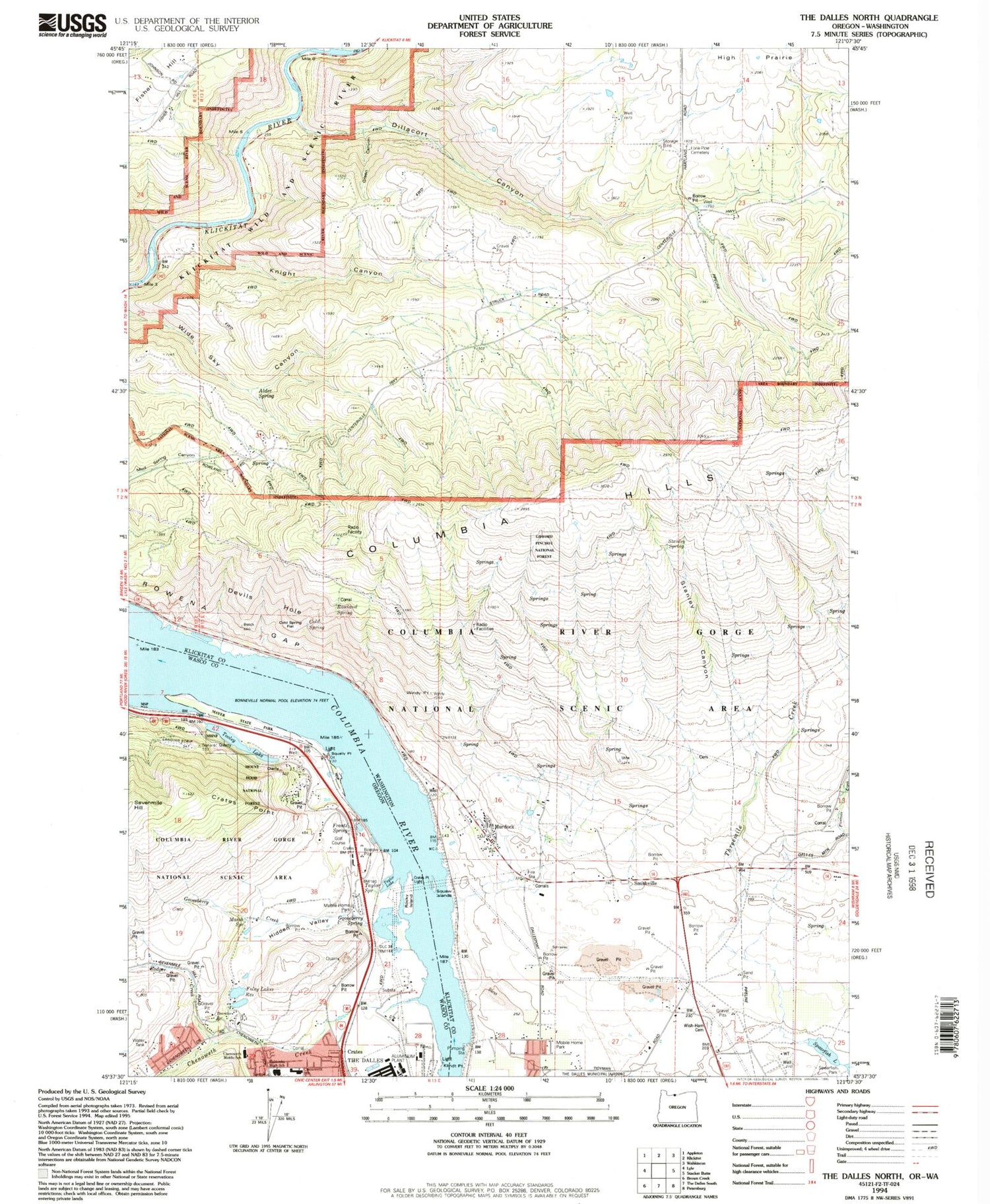 Classic USGS The Dalles North Oregon 7.5'x7.5' Topo Map Image