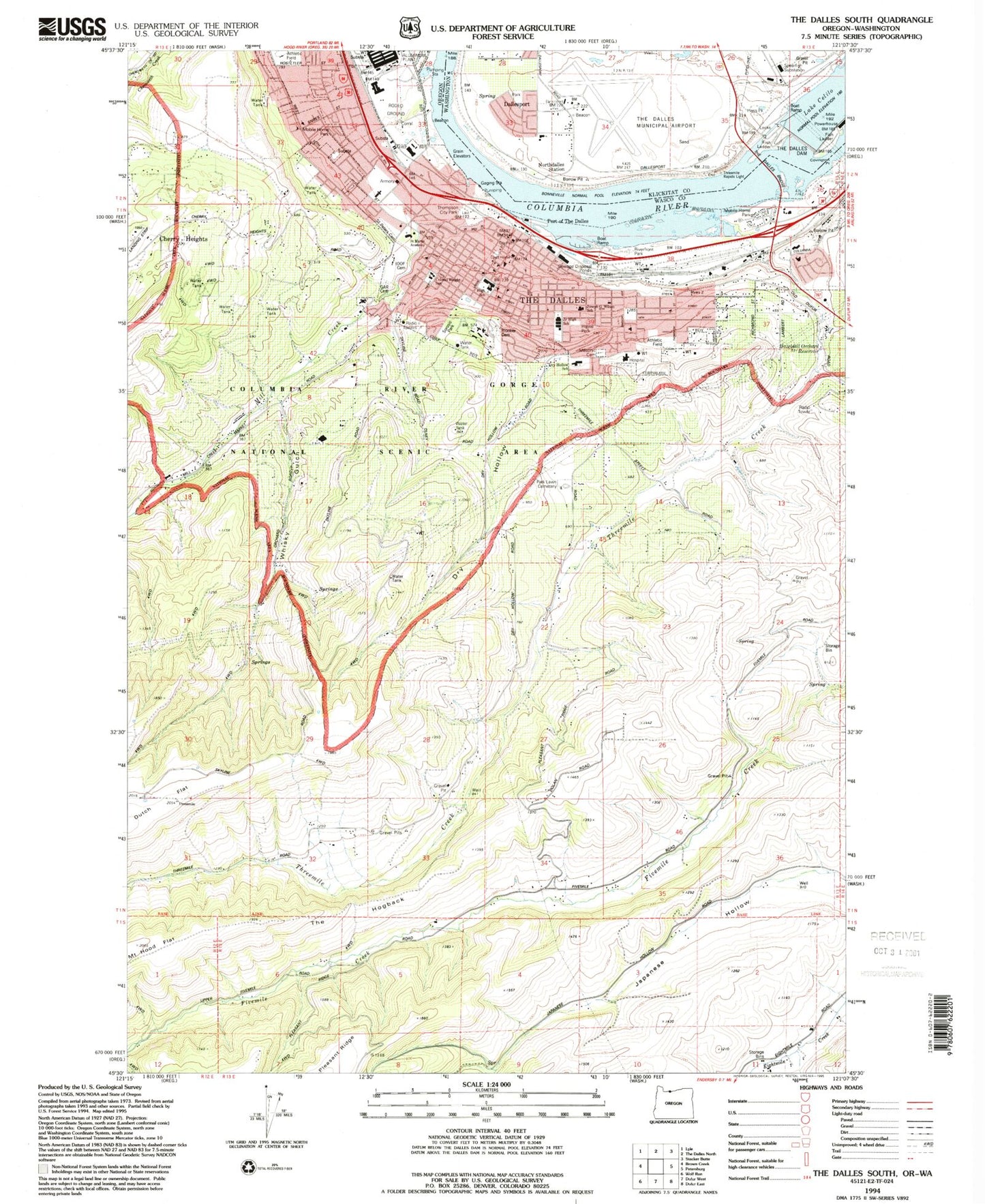 Classic USGS The Dalles South Oregon 7.5'x7.5' Topo Map Image