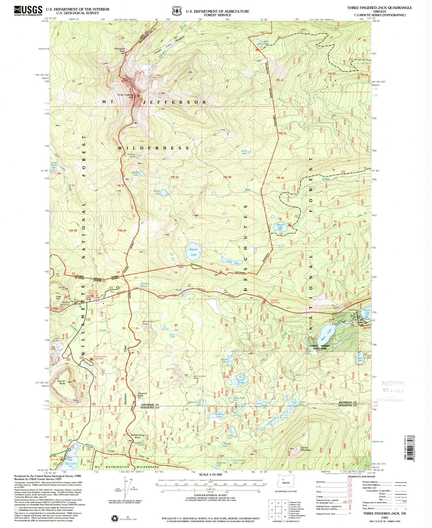 Classic USGS Three Fingered Jack Oregon 7.5'x7.5' Topo Map Image