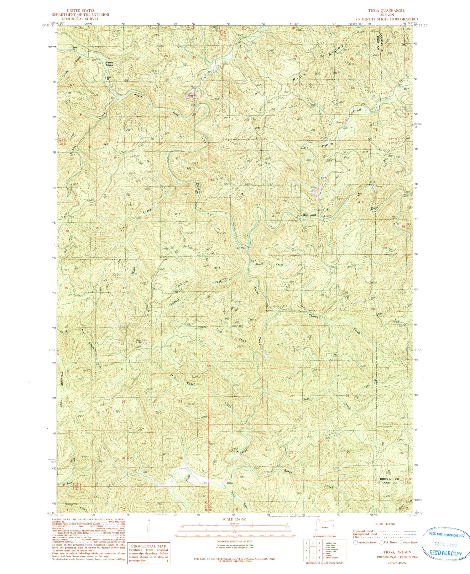 Classic USGS Tioga Oregon 7.5'x7.5' Topo Map Image