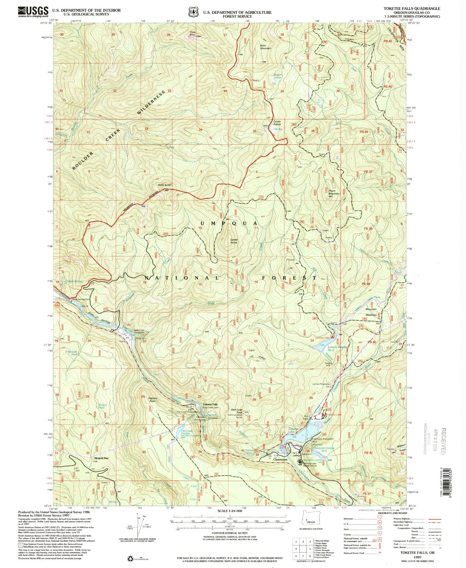 Classic USGS Toketee Falls Oregon 7.5'x7.5' Topo Map Image