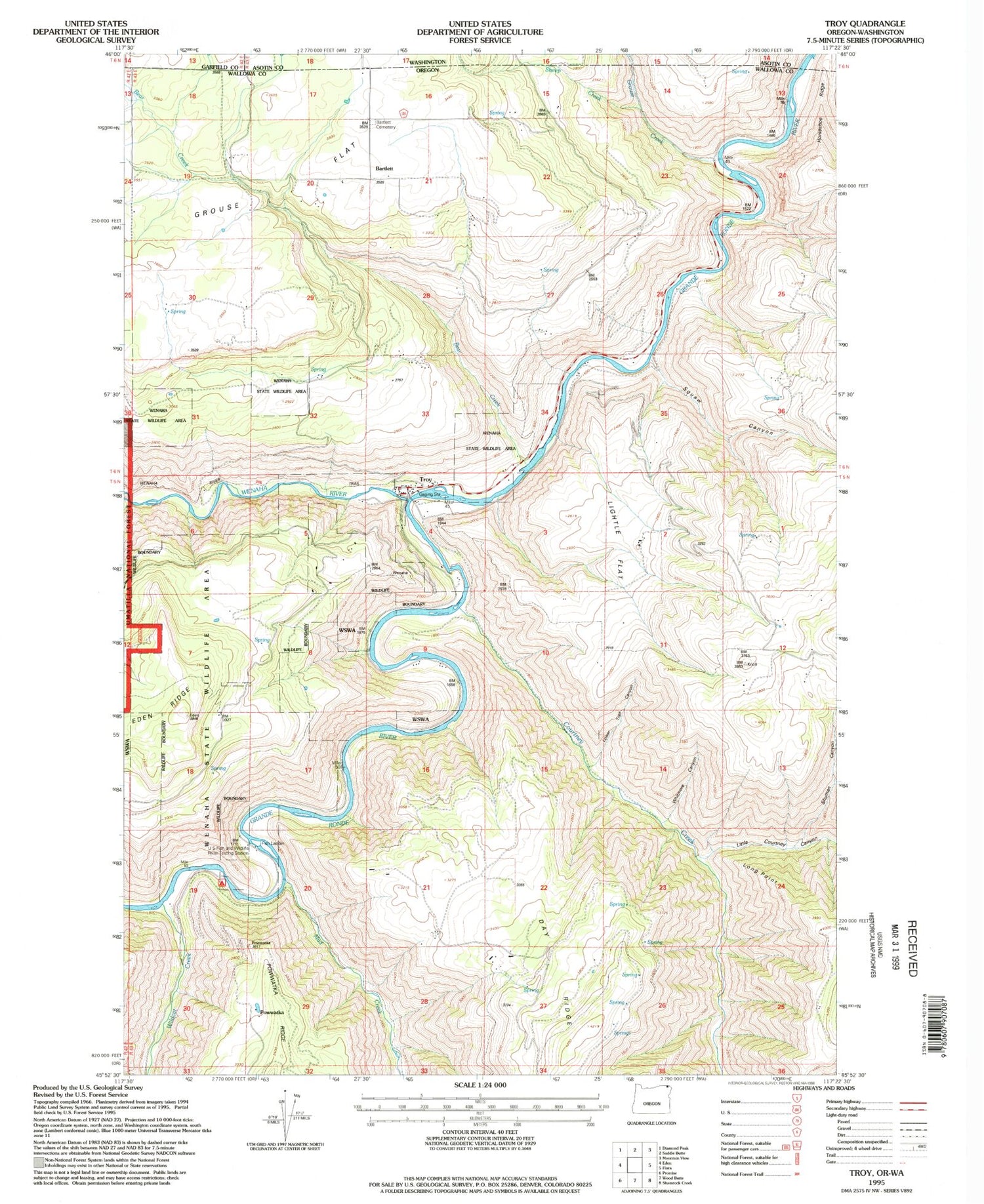 Classic USGS Troy Oregon 7.5'x7.5' Topo Map Image