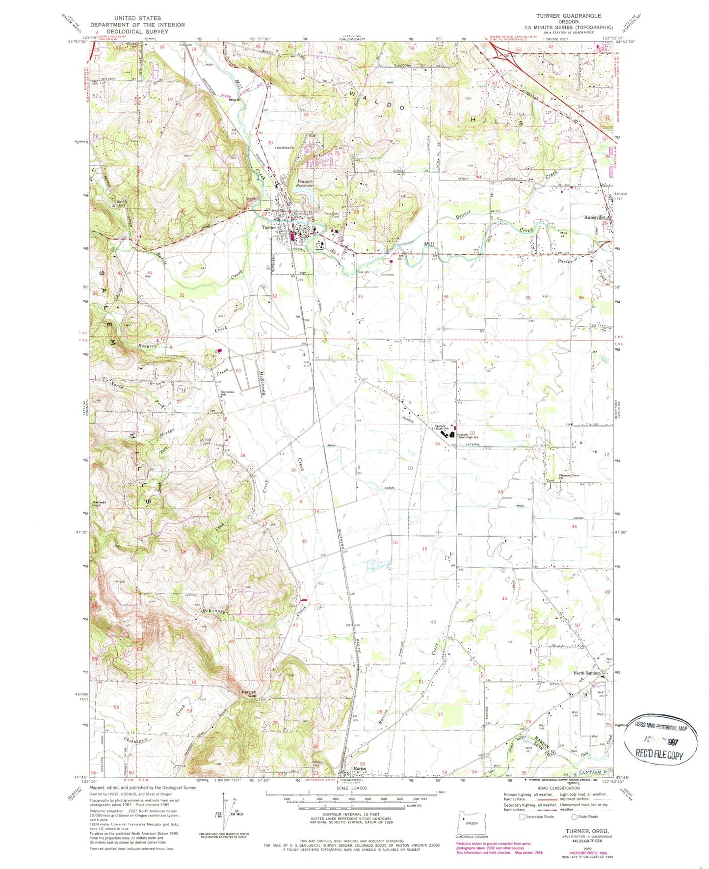 Classic USGS Turner Oregon 7.5'x7.5' Topo Map Image