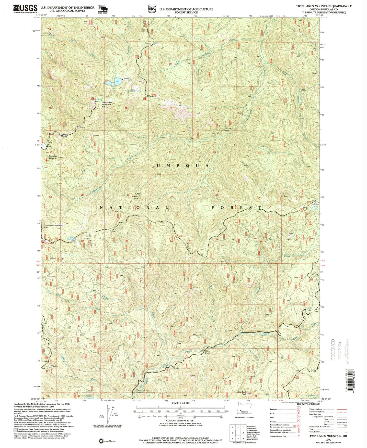 Classic USGS Twin Lakes Mountain Oregon 7.5'x7.5' Topo Map Image