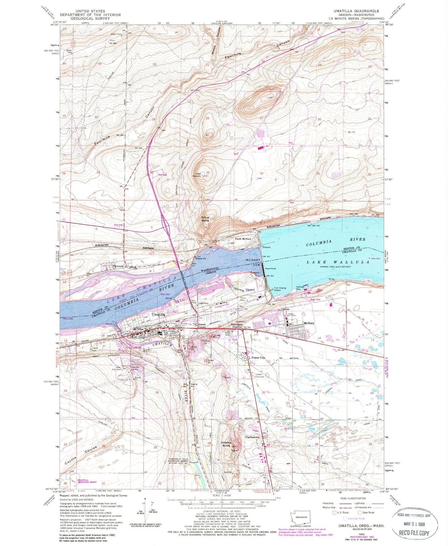 Classic USGS Umatilla Oregon 7.5'x7.5' Topo Map Image