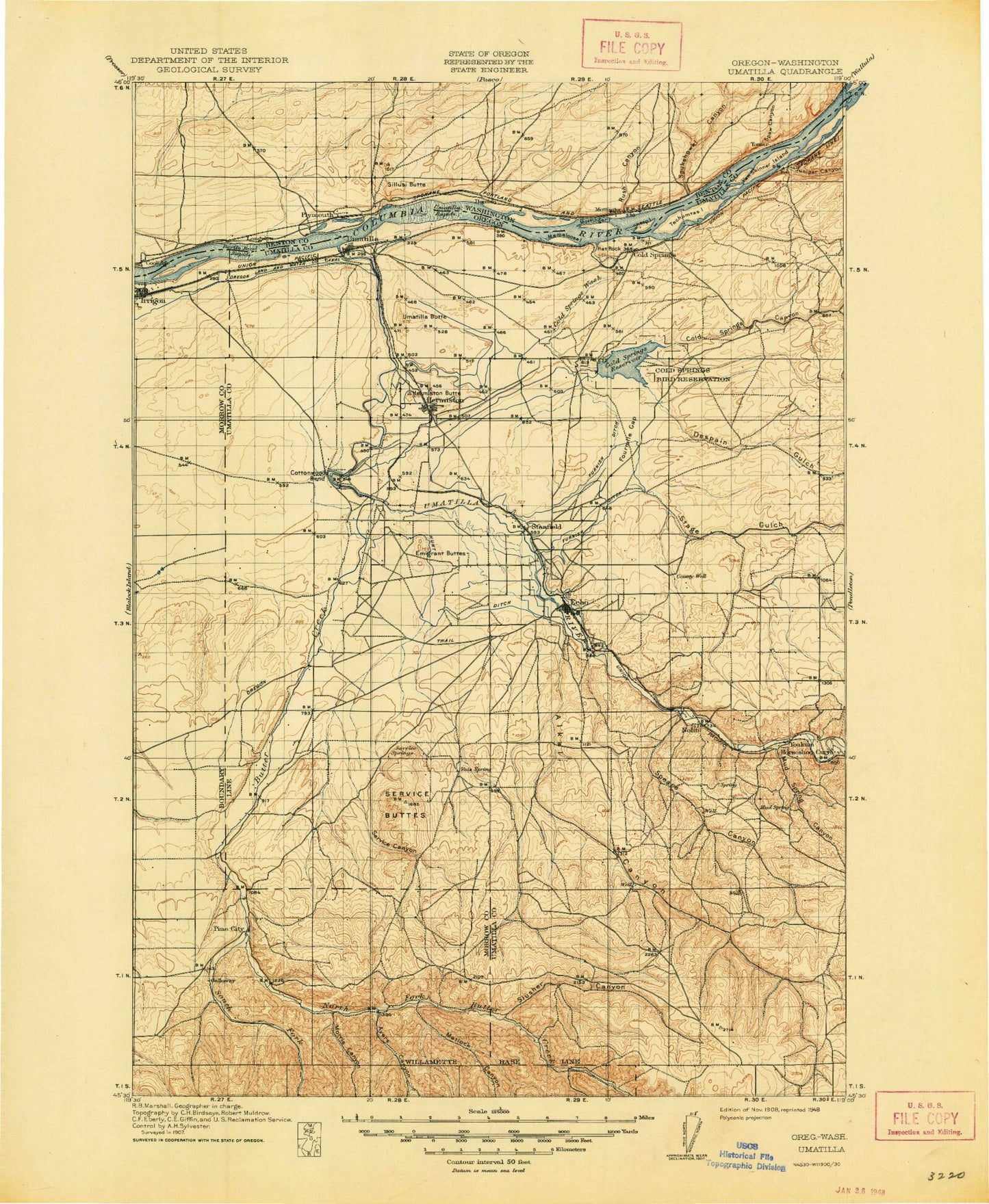 Historic 1908 Umatilla Oregon 30'x30' Topo Map Image