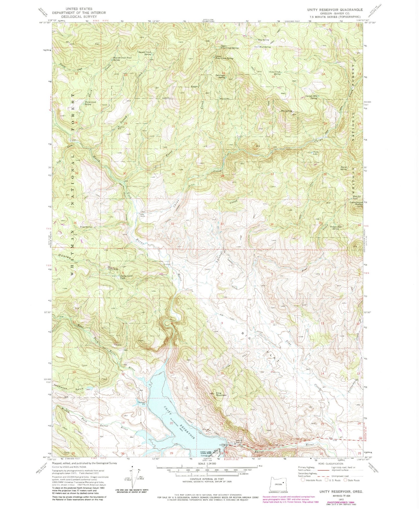 Classic USGS Unity Reservoir Oregon 7.5'x7.5' Topo Map Image
