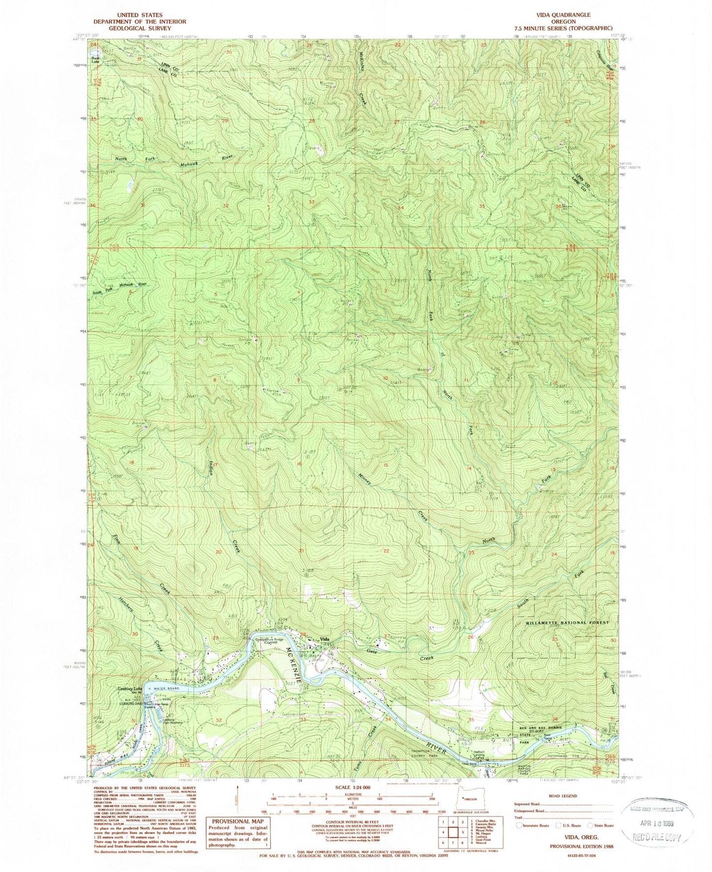 Classic USGS Vida Oregon 7.5'x7.5' Topo Map Image