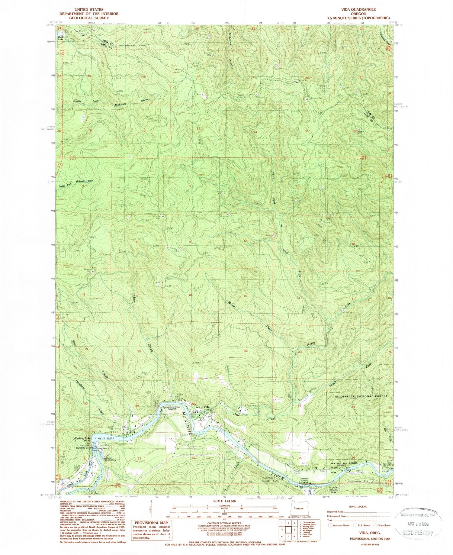 Classic USGS Vida Oregon 7.5'x7.5' Topo Map Image