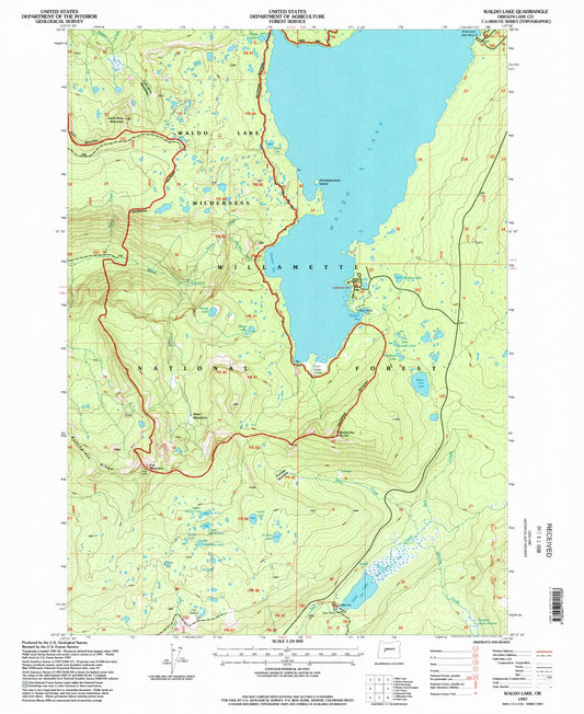 Classic USGS Waldo Lake Oregon 7.5'x7.5' Topo Map Image