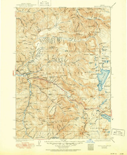Historic 1925 Waldo Lake Oregon 30'x30' Topo Map Image
