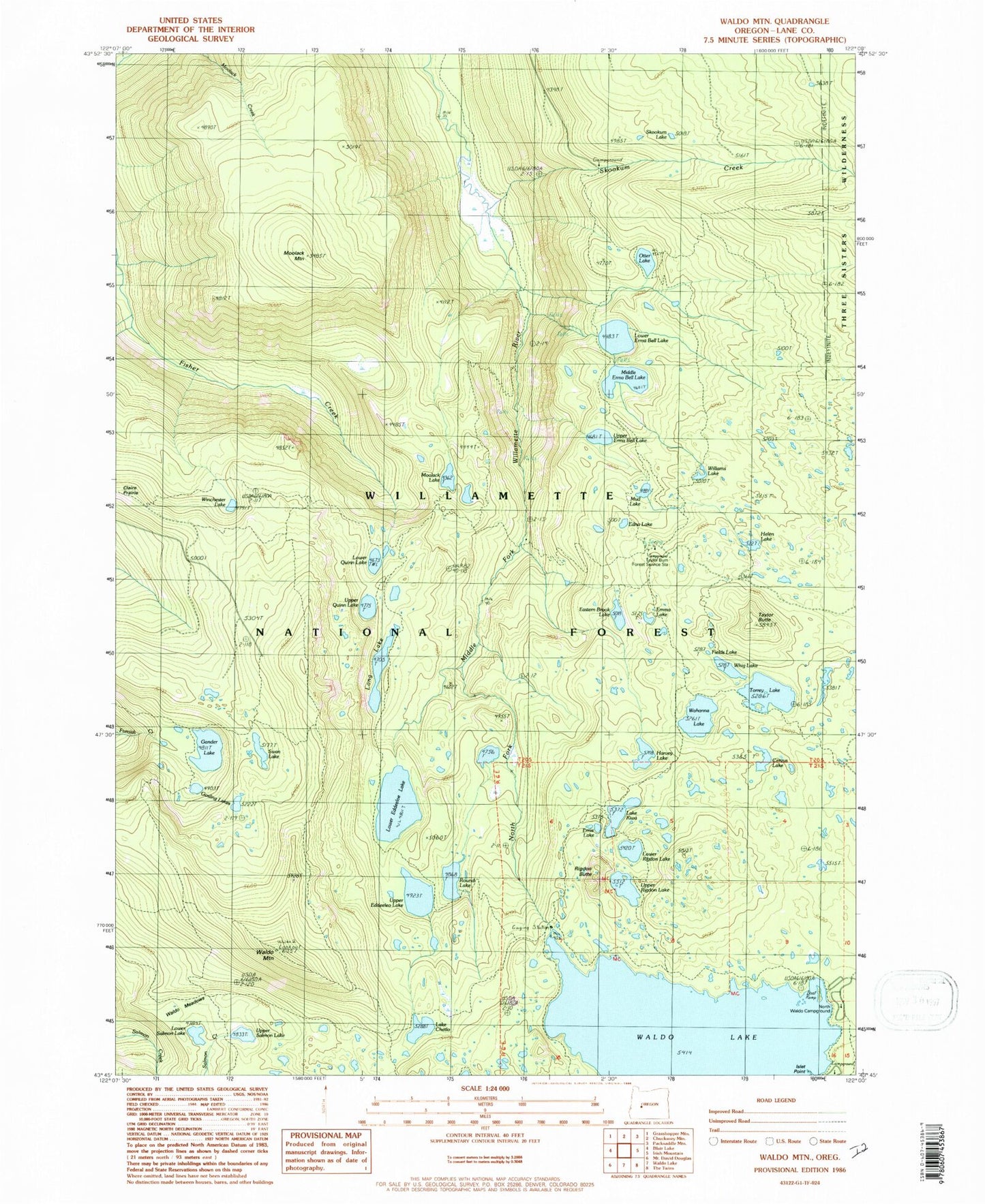 Classic USGS Waldo Mountain Oregon 7.5'x7.5' Topo Map Image