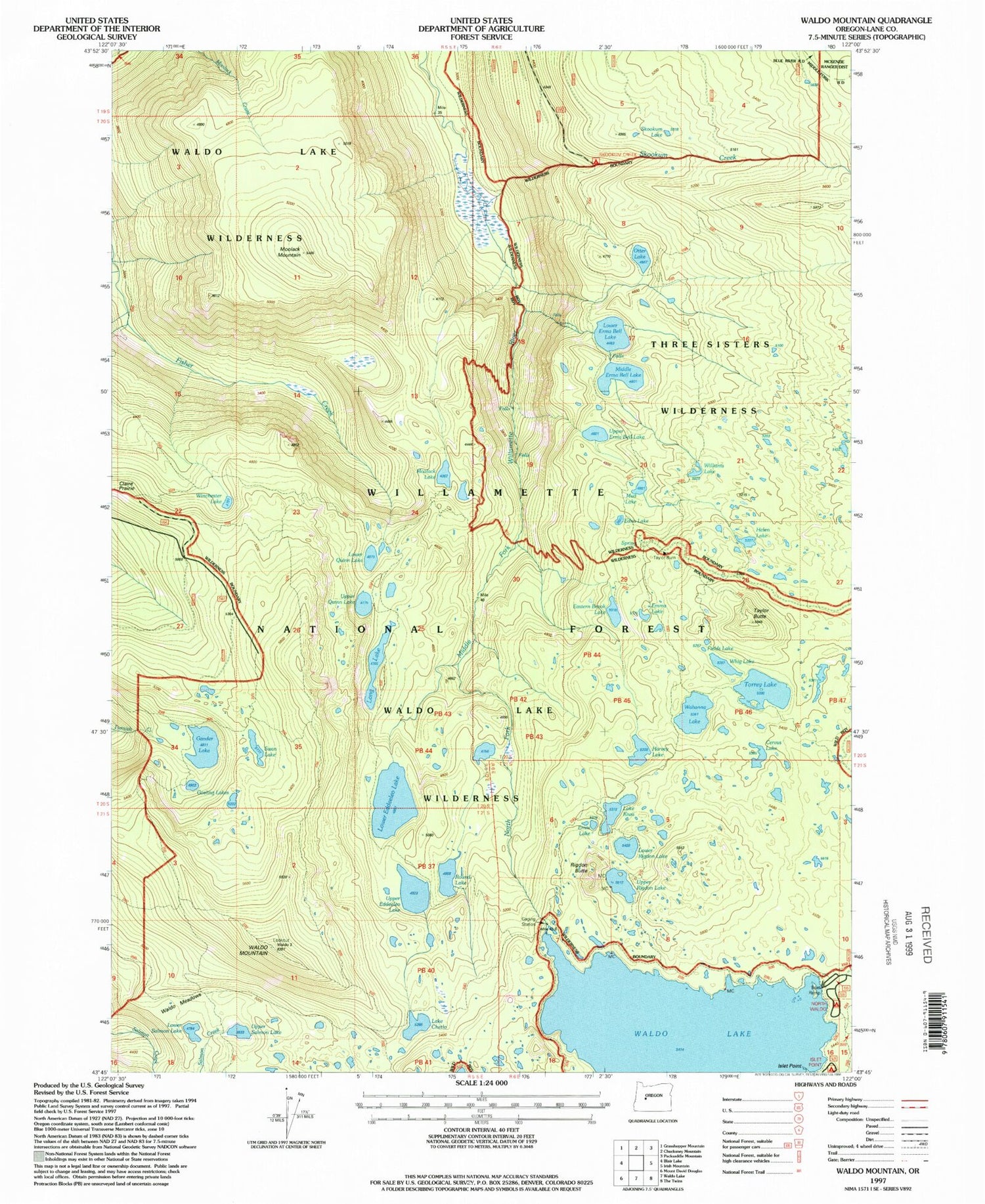 Classic USGS Waldo Mountain Oregon 7.5'x7.5' Topo Map Image