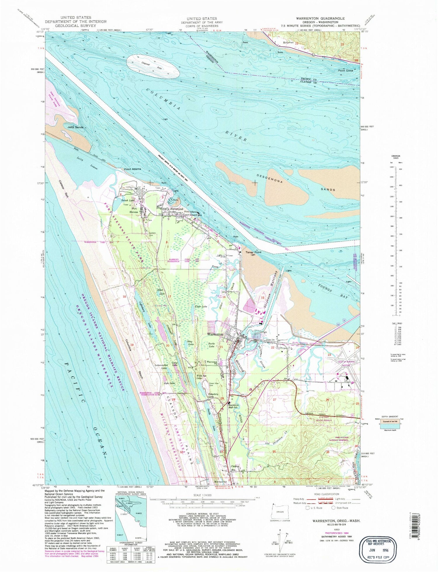 Classic USGS Warrenton Oregon 7.5'x7.5' Topo Map Image