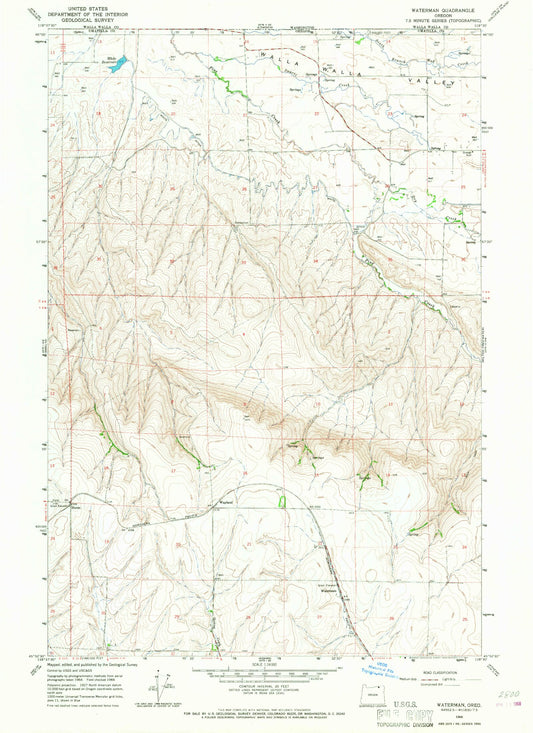 Classic USGS Waterman Oregon 7.5'x7.5' Topo Map Image