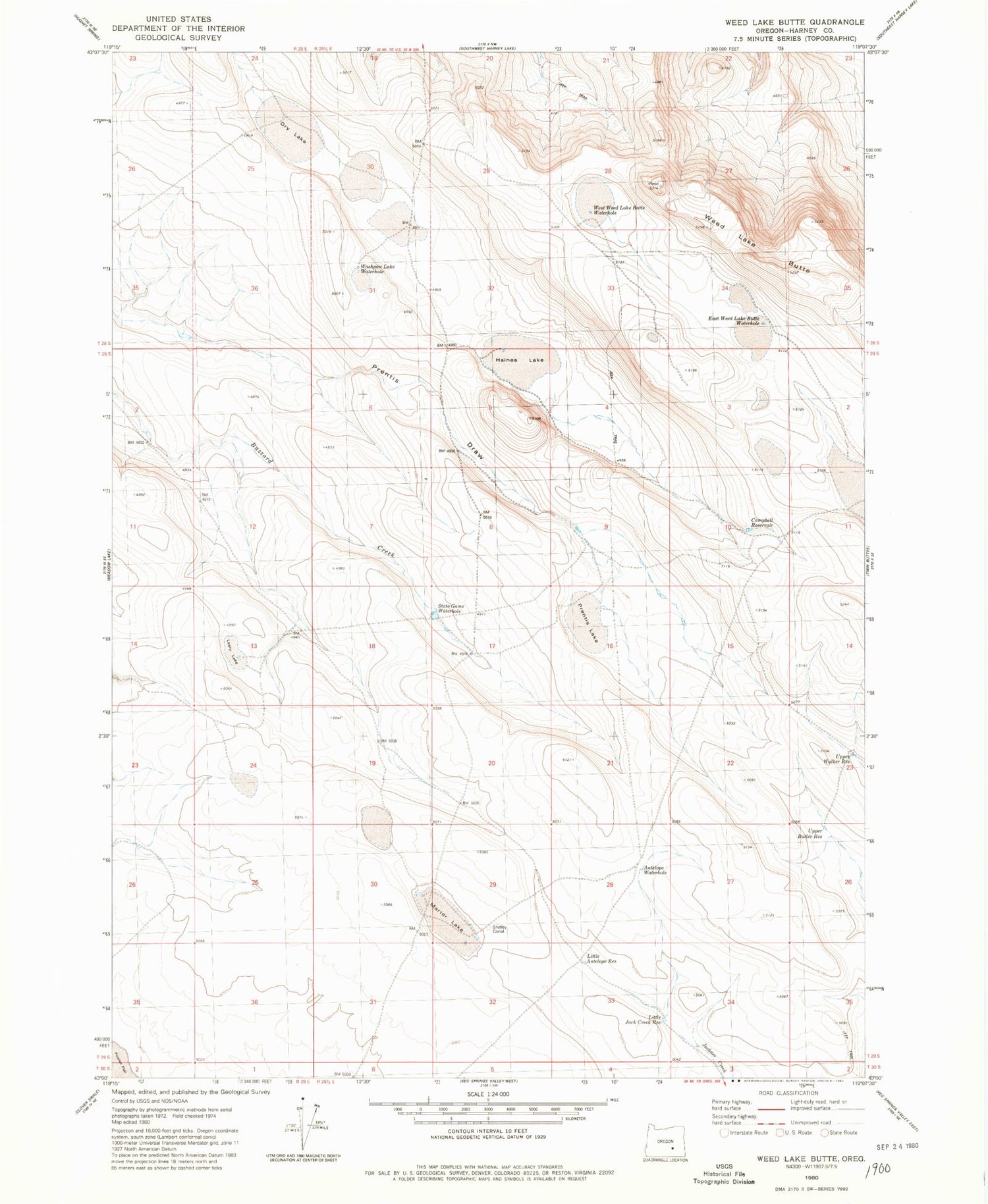 Classic USGS Weed Lake Butte Oregon 7.5'x7.5' Topo Map Image