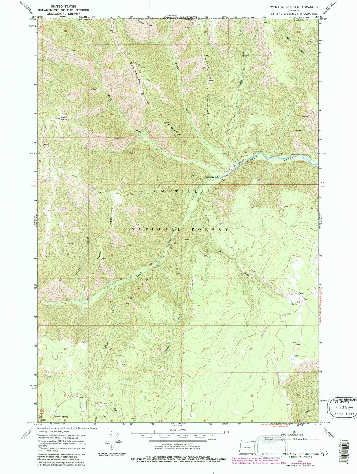 Classic USGS Wenaha Forks Oregon 7.5'x7.5' Topo Map Image