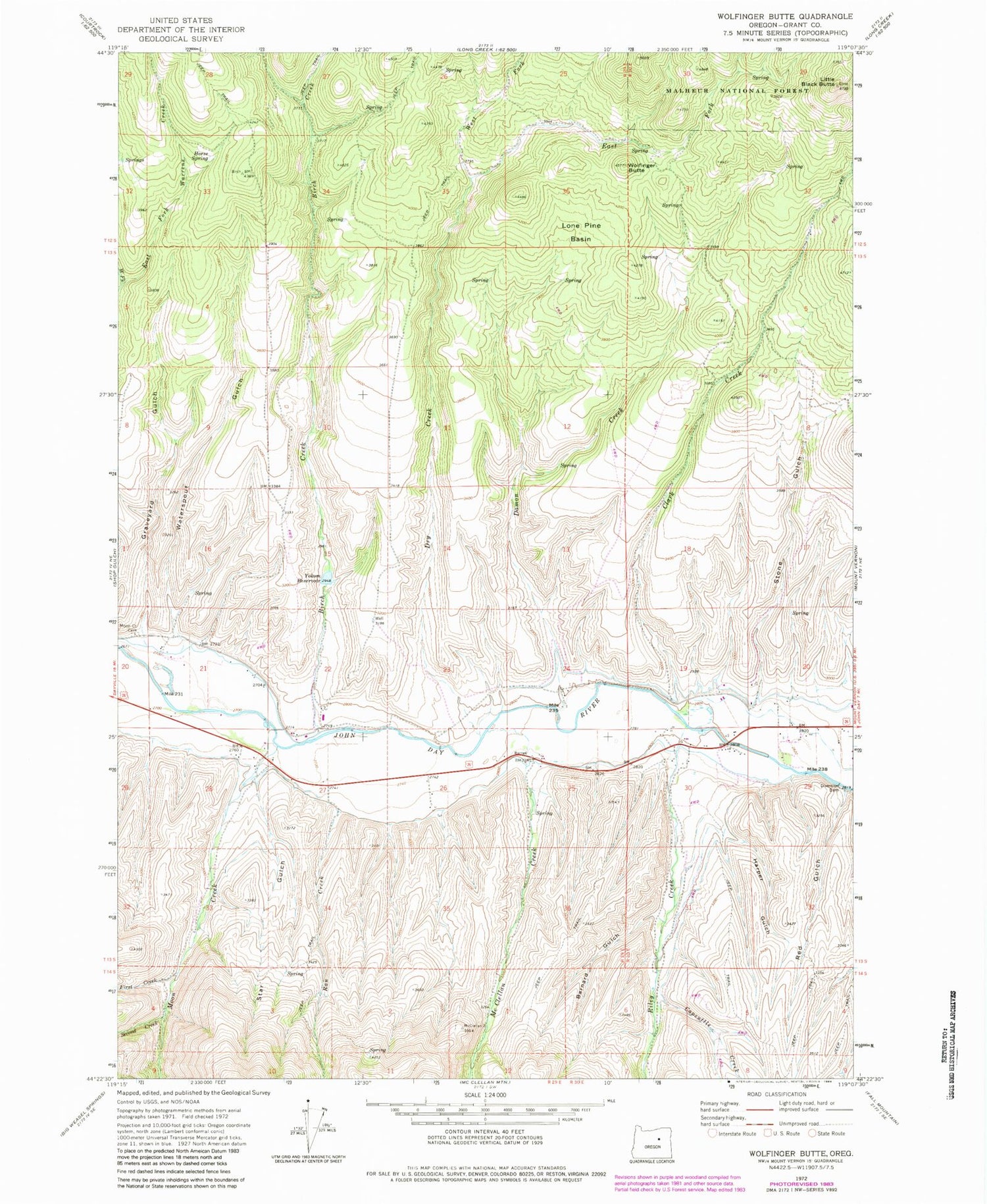 Classic USGS Wolfinger Butte Oregon 7.5'x7.5' Topo Map Image