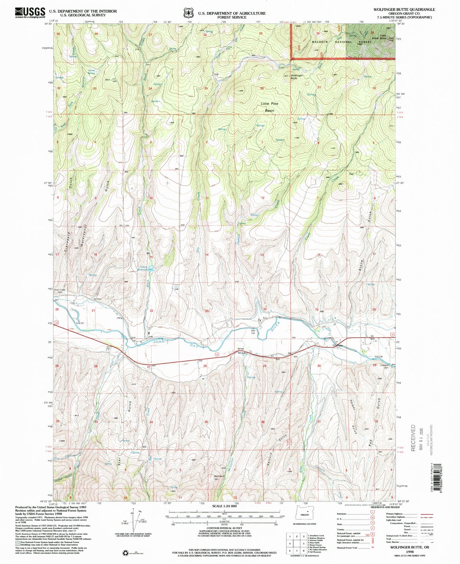 Classic USGS Wolfinger Butte Oregon 7.5'x7.5' Topo Map Image