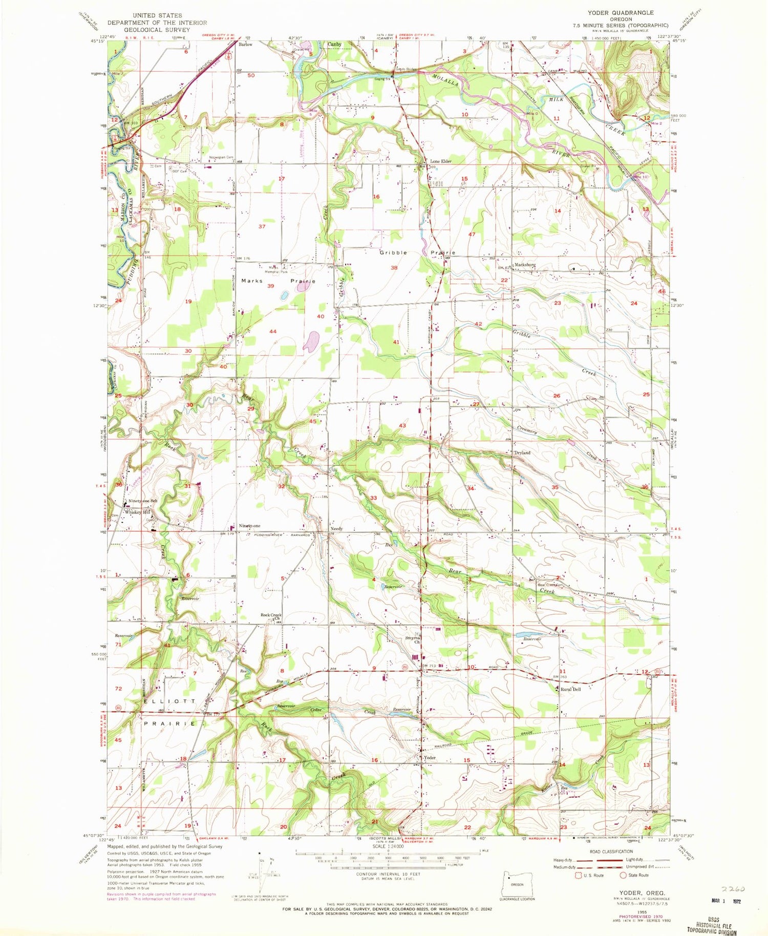 Classic USGS Yoder Oregon 7.5'x7.5' Topo Map Image