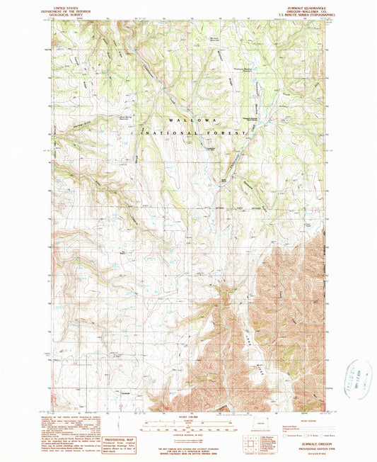 Classic USGS Zumwalt Oregon 7.5'x7.5' Topo Map Image