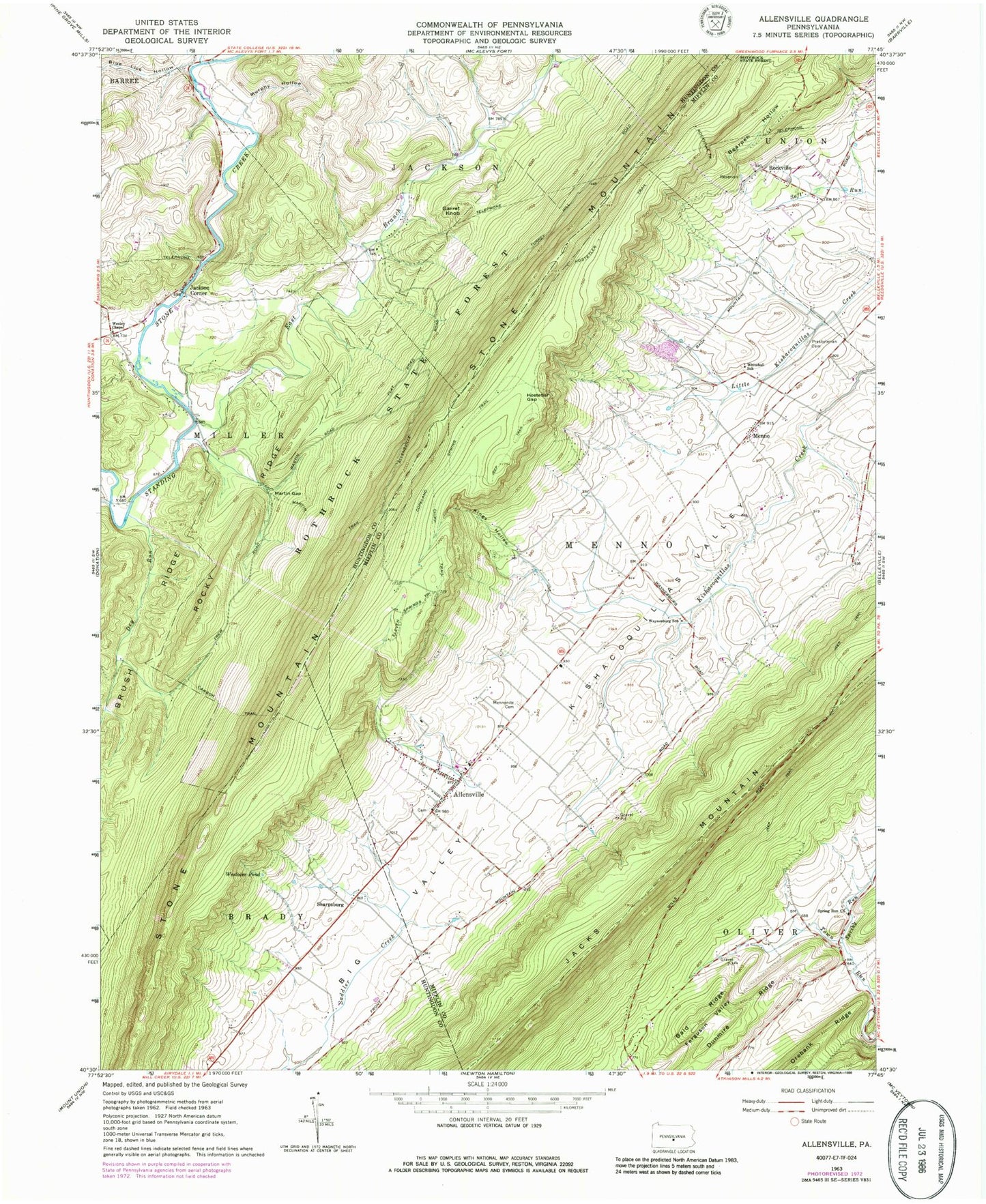 Classic USGS Allensville Pennsylvania 7.5'x7.5' Topo Map Image