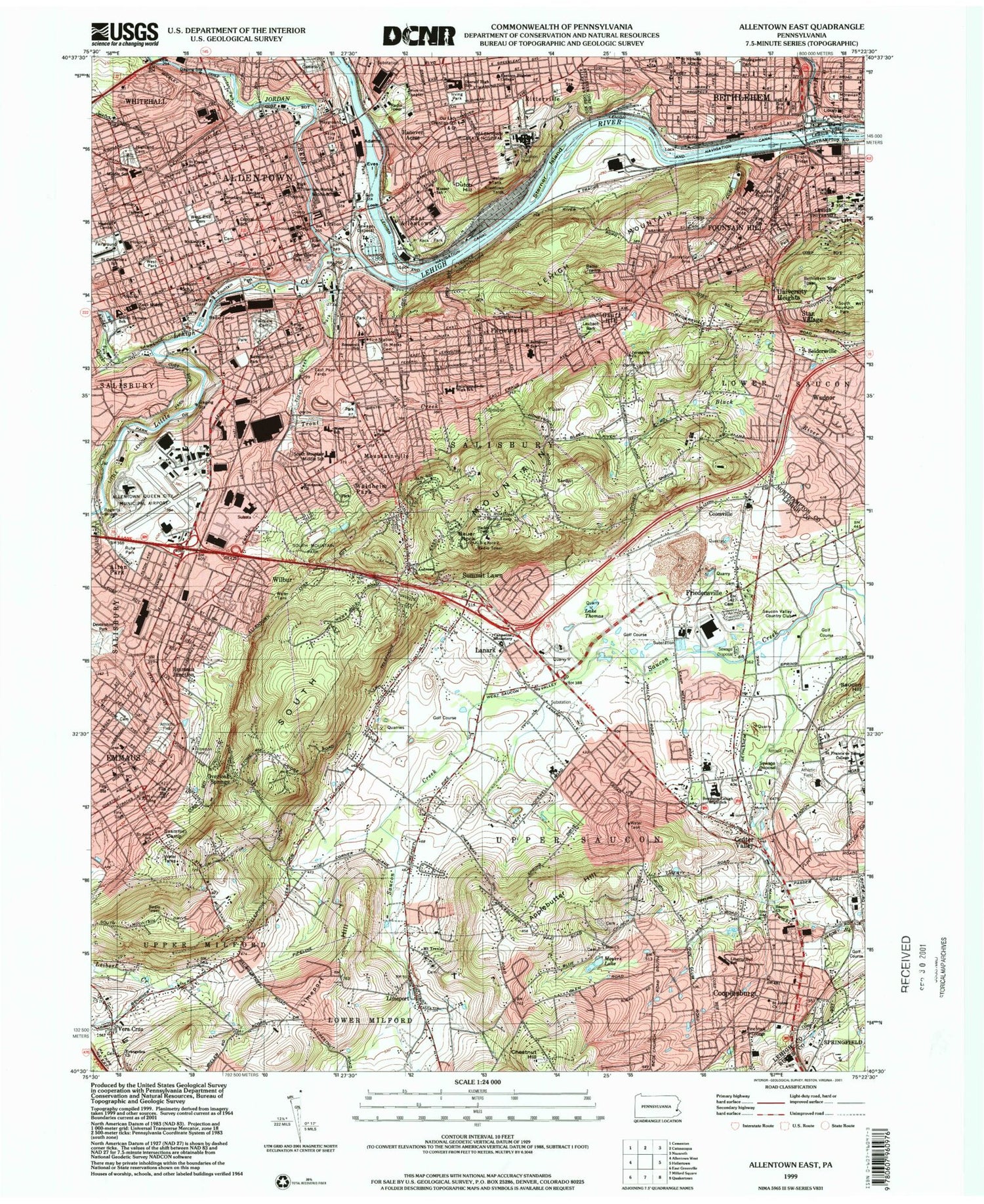 Classic USGS Allentown East Pennsylvania 7.5'x7.5' Topo Map Image