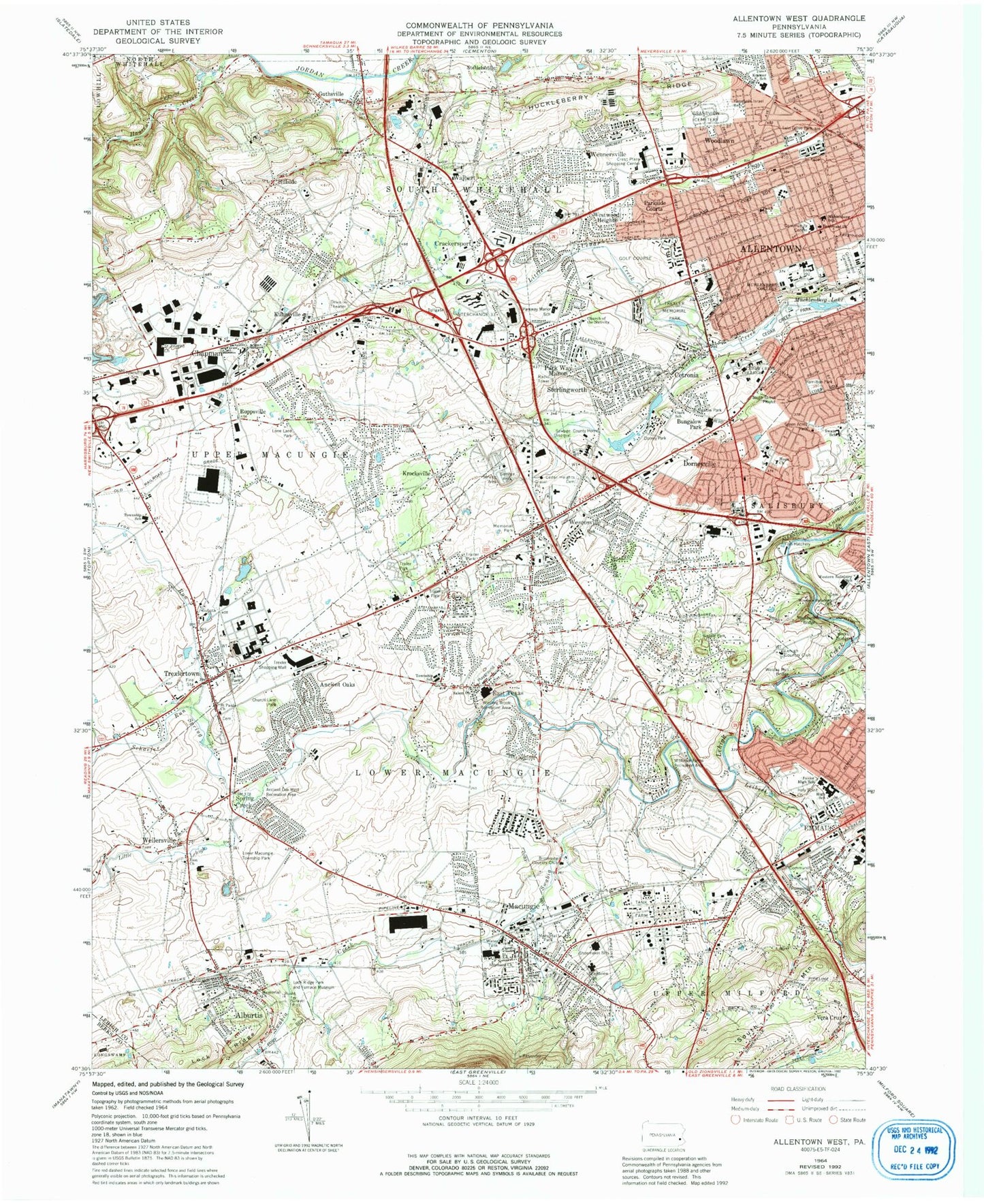 Classic USGS Allentown West Pennsylvania 7.5'x7.5' Topo Map Image