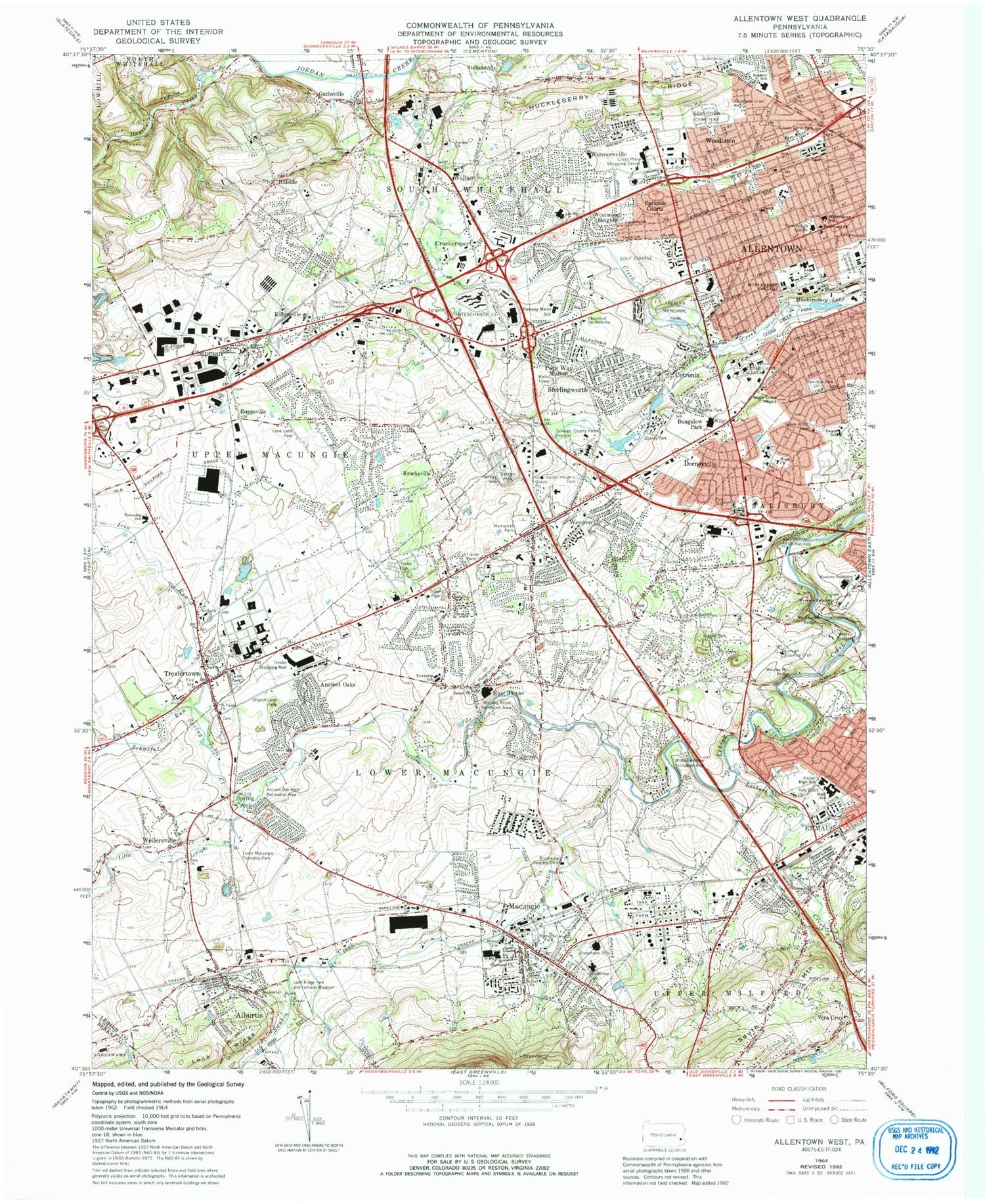 Classic USGS Allentown West Pennsylvania 7.5'x7.5' Topo Map Image