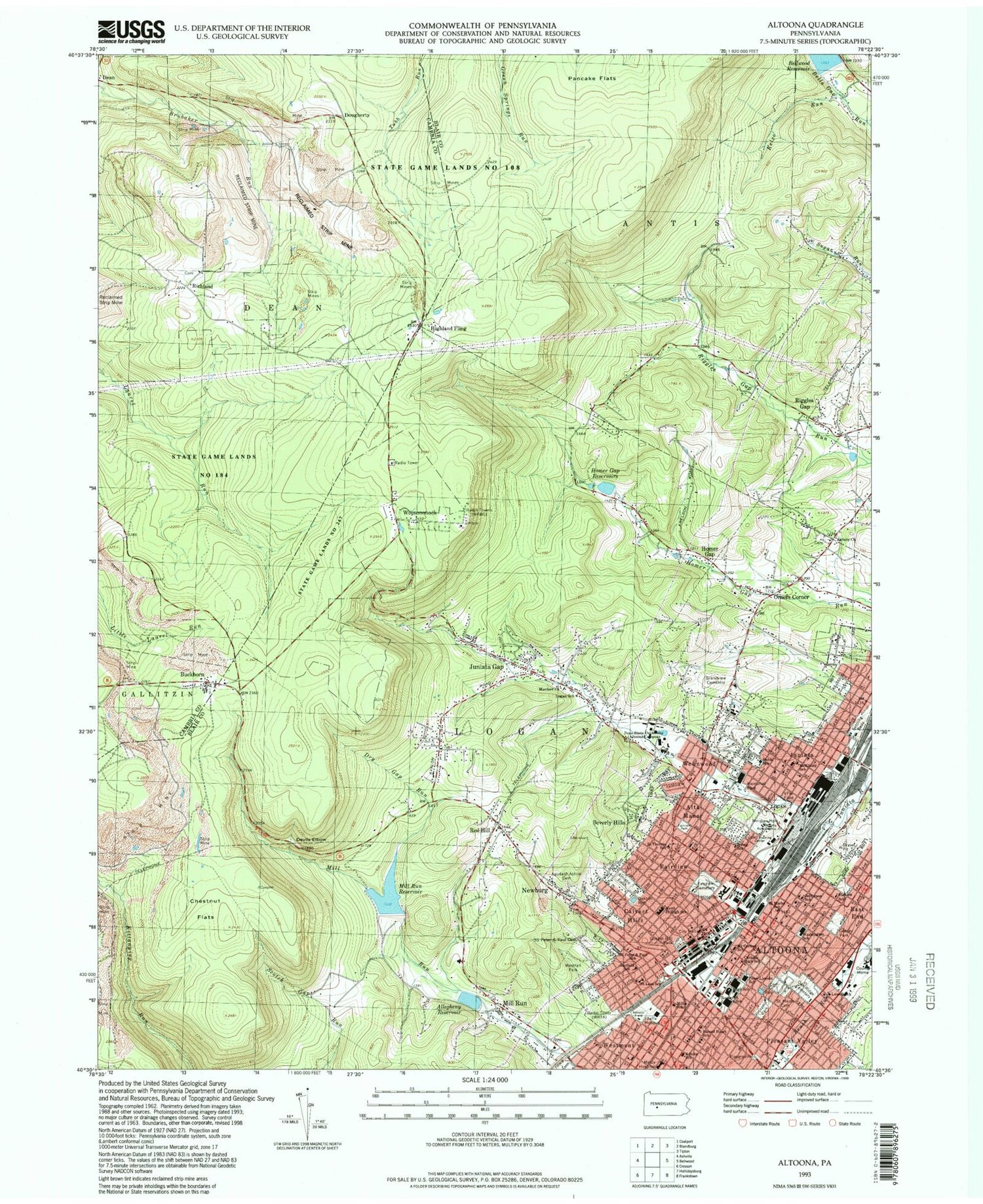 Classic USGS Altoona Pennsylvania 7.5'x7.5' Topo Map Image