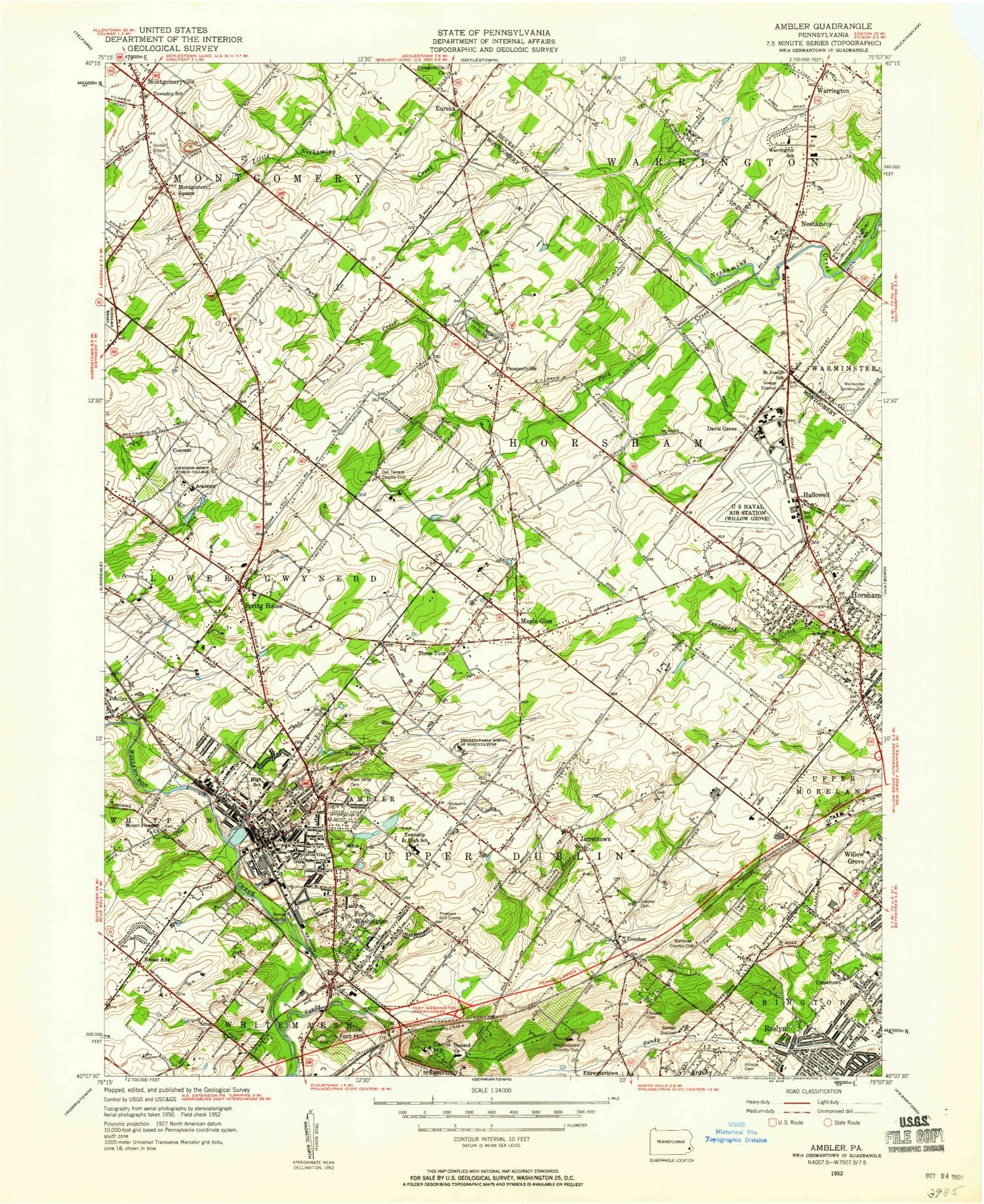 Classic USGS Ambler Pennsylvania 7.5'x7.5' Topo Map Image