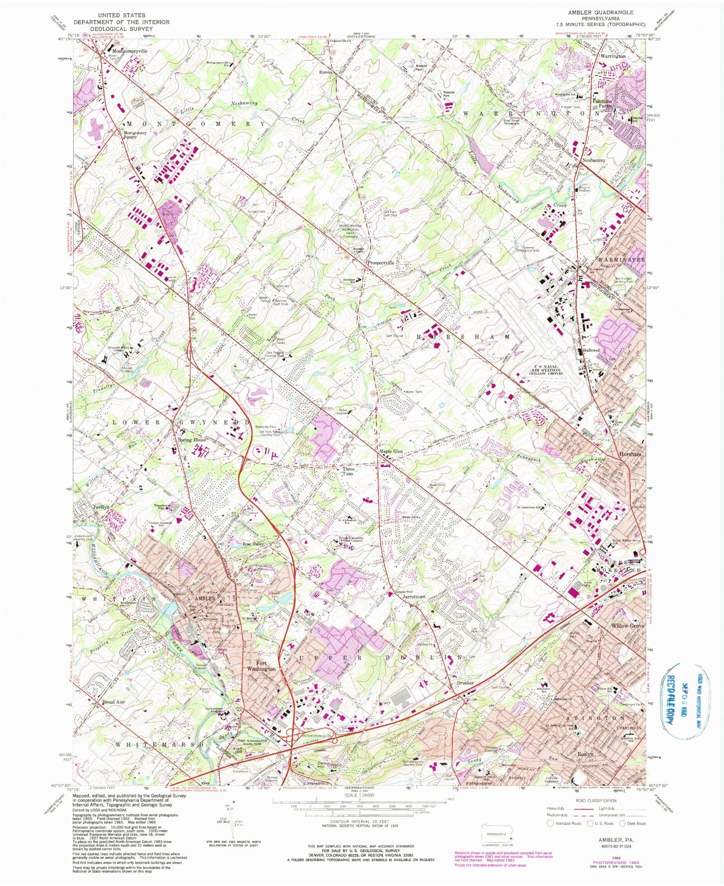 Classic USGS Ambler Pennsylvania 7.5'x7.5' Topo Map Image