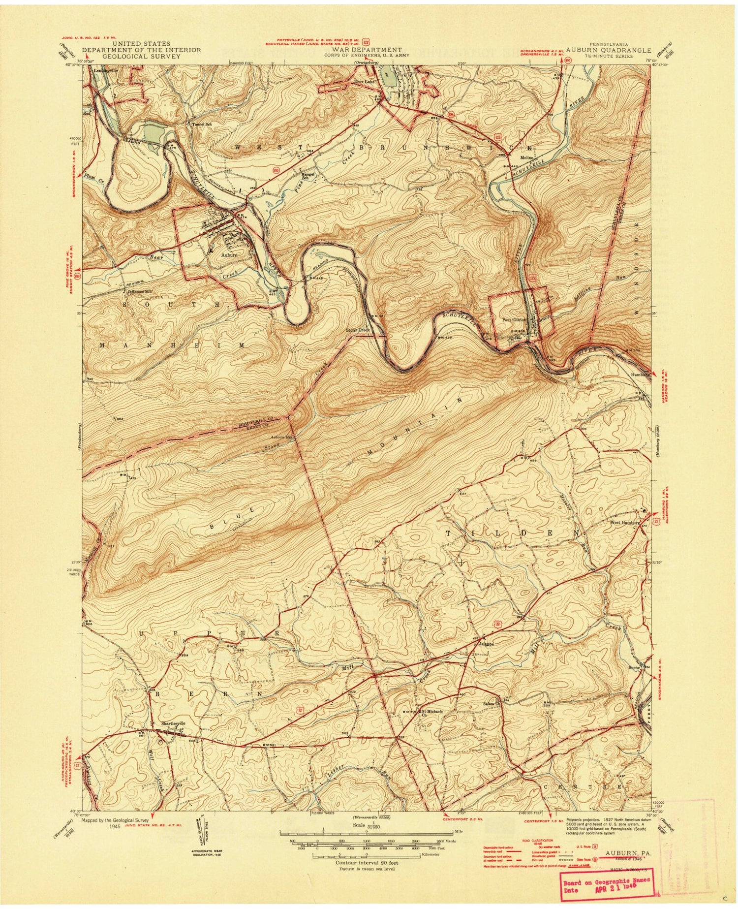 Classic USGS Auburn Pennsylvania 7.5'x7.5' Topo Map Image