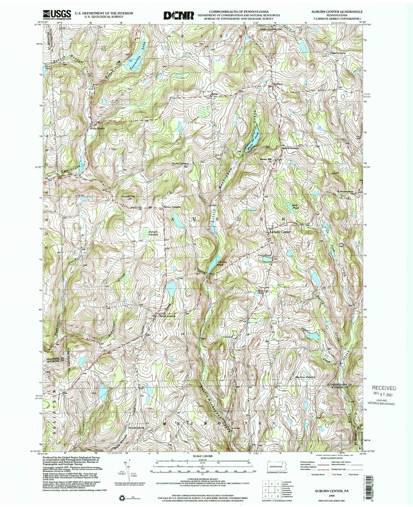 Classic USGS Auburn Center Pennsylvania 7.5'x7.5' Topo Map Image