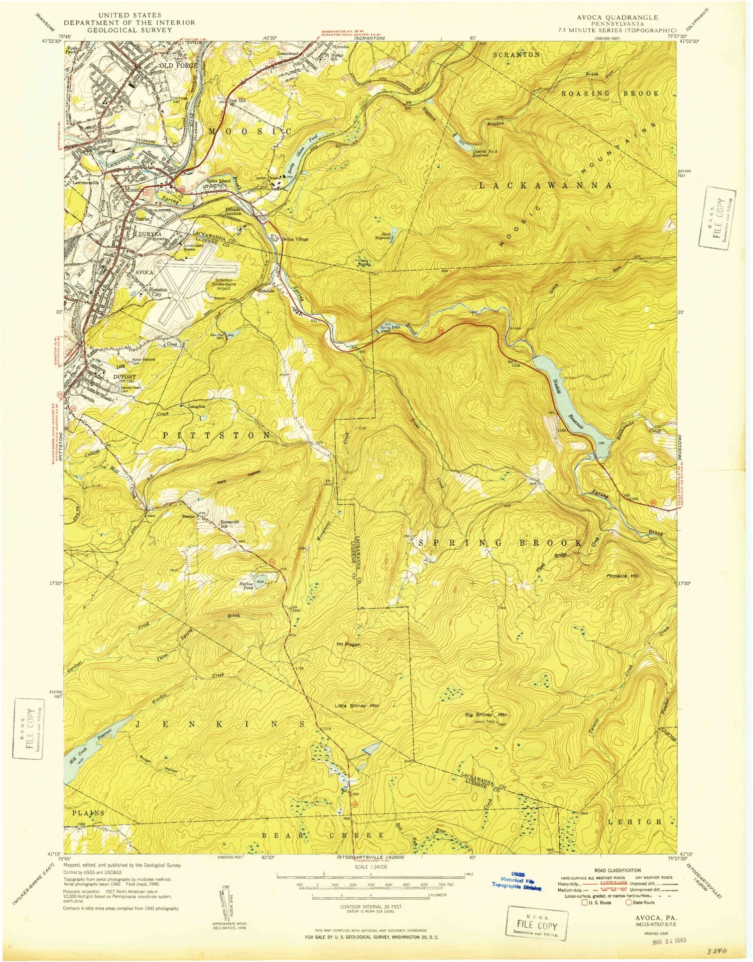 Classic USGS Avoca Pennsylvania 7.5'x7.5' Topo Map Image