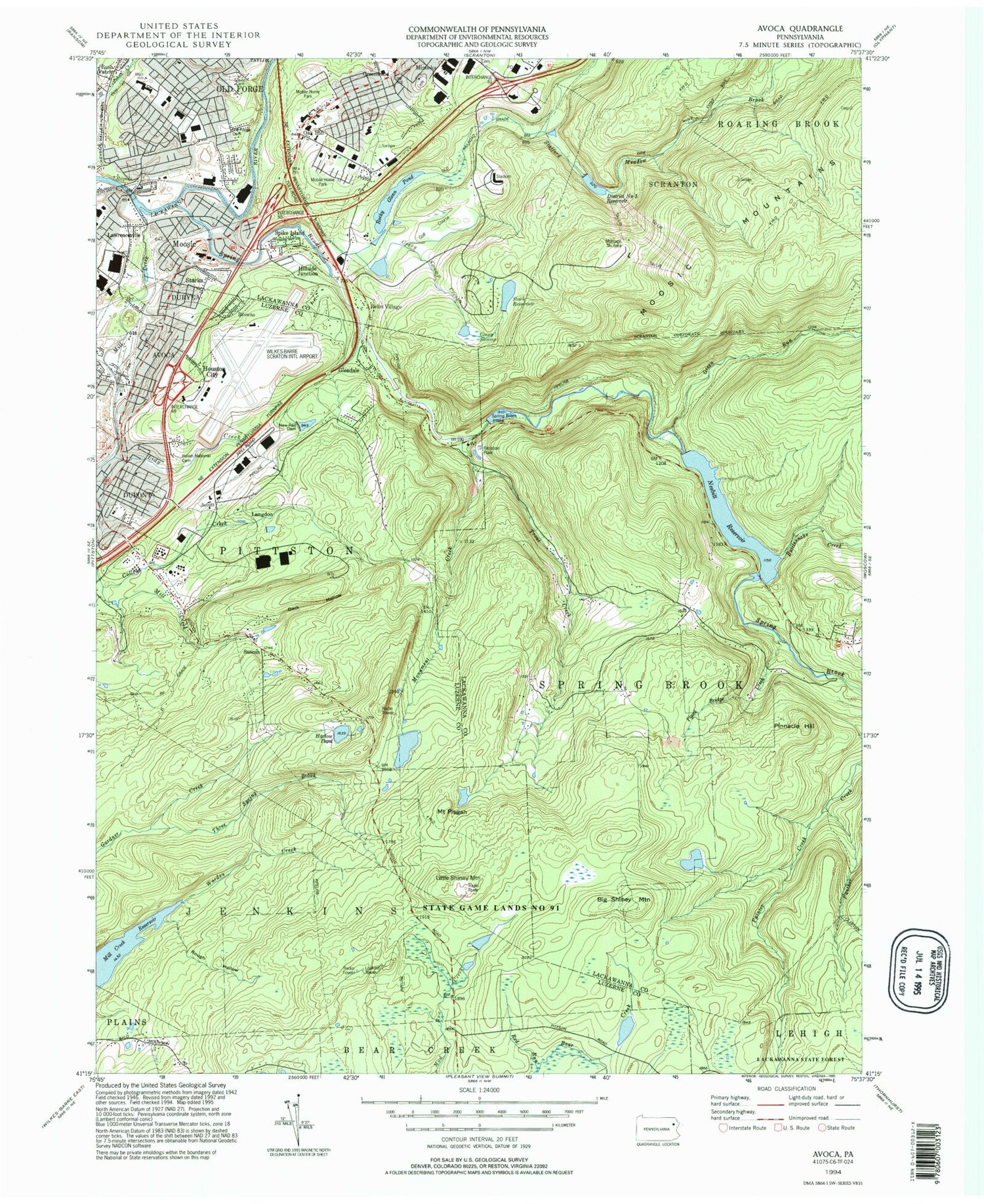 Classic USGS Avoca Pennsylvania 7.5'x7.5' Topo Map Image