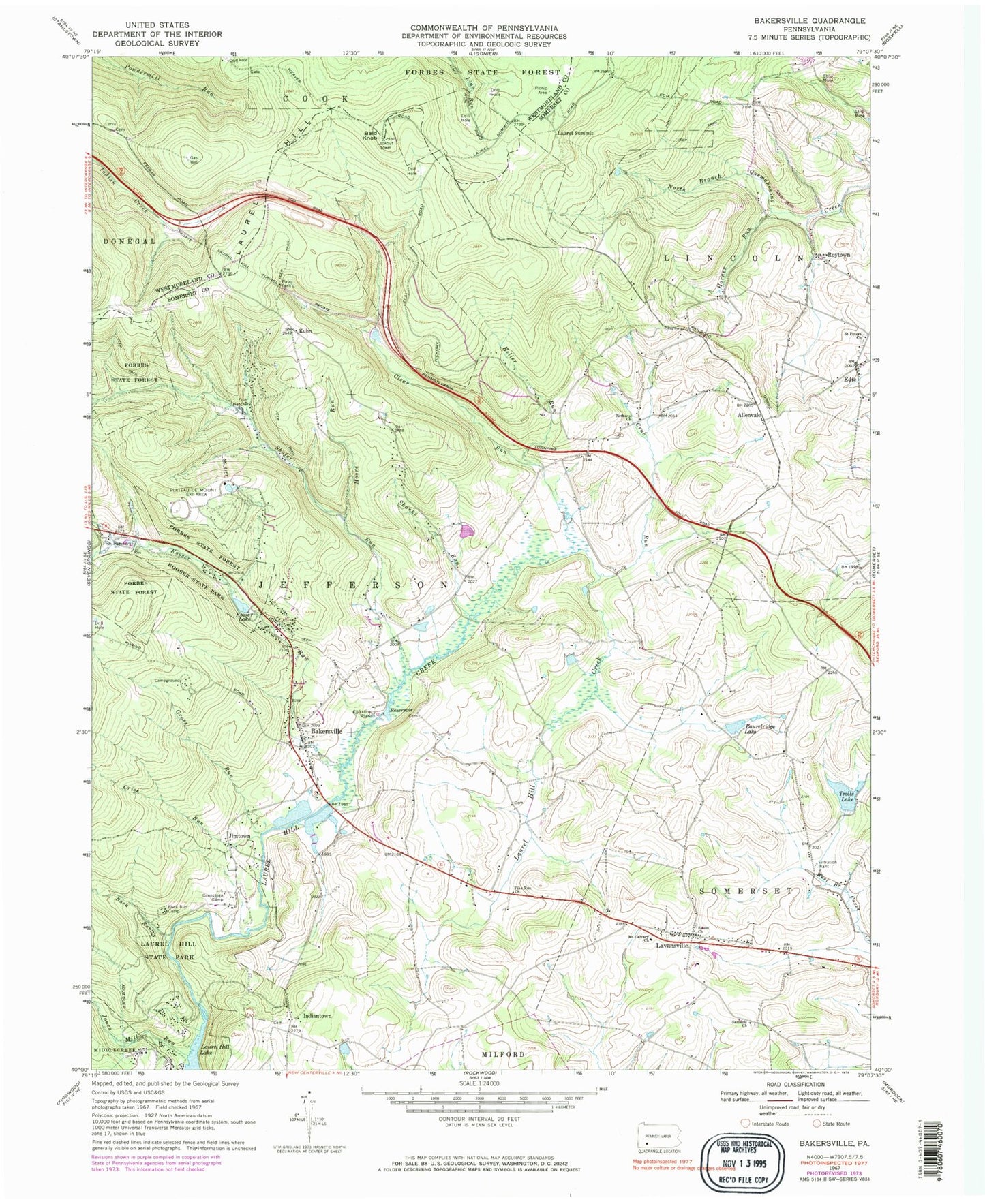 Classic USGS Bakersville Pennsylvania 7.5'x7.5' Topo Map Image